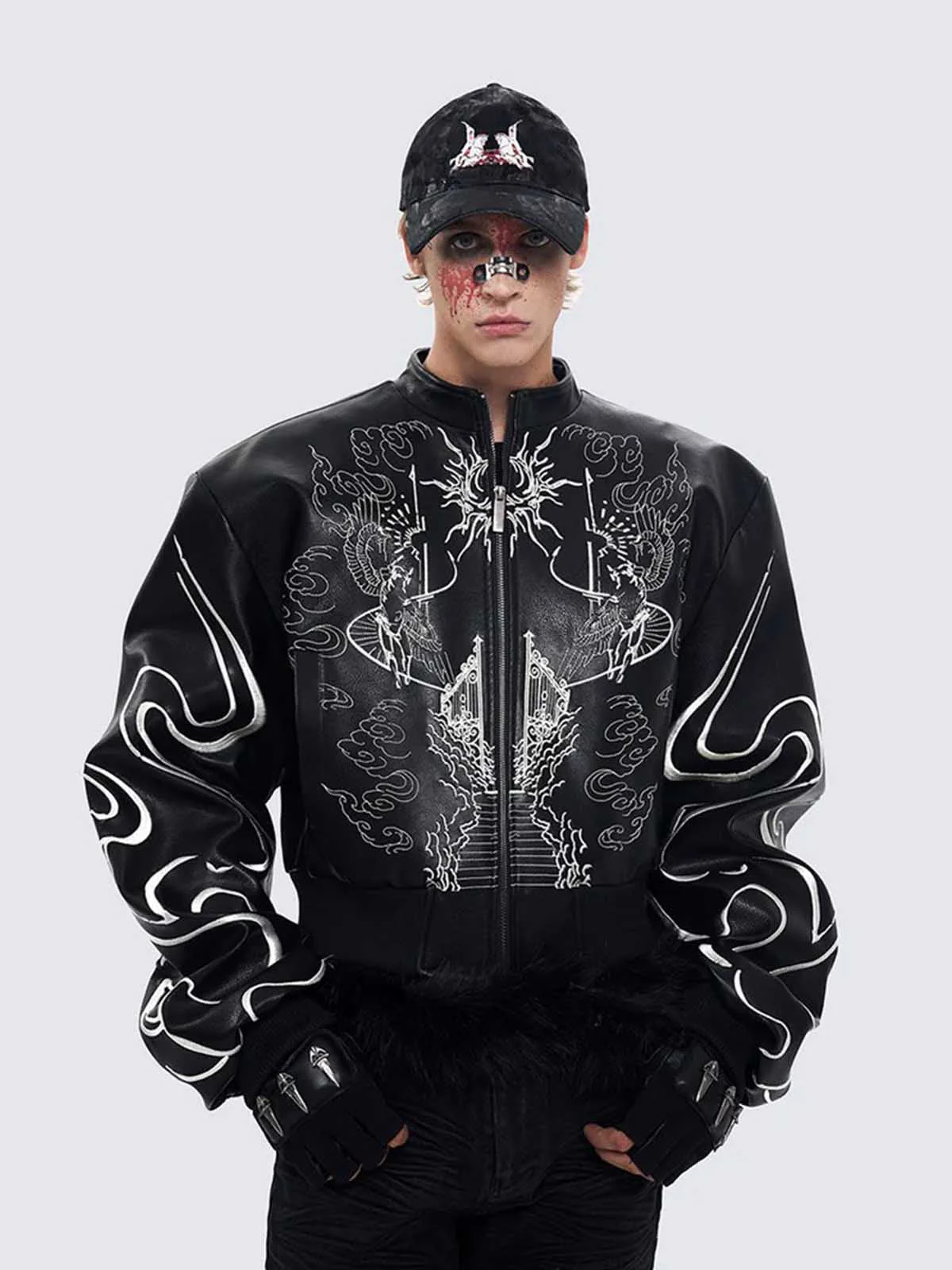 Retro Gothic Embroidered Stand-Collar Motorcycle Leather Bomber Jacket - Image 2