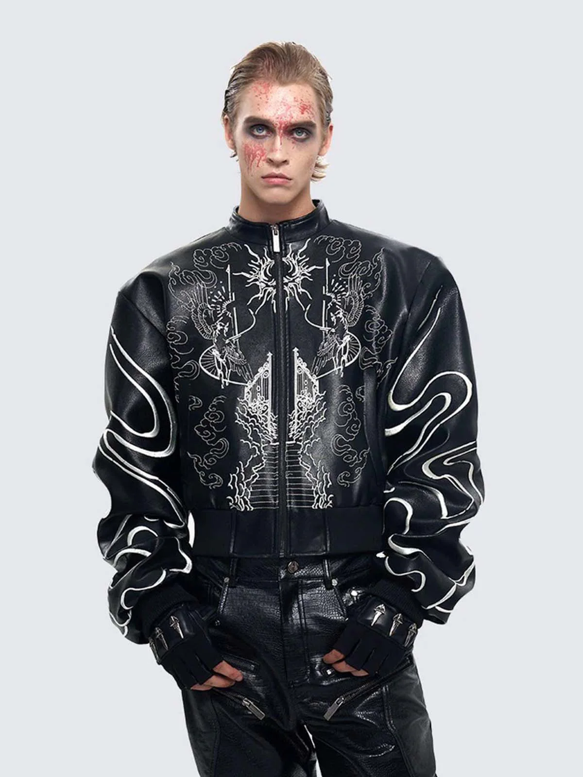Retro Gothic Embroidered Stand-Collar Motorcycle Leather Bomber Jacket - Image 3