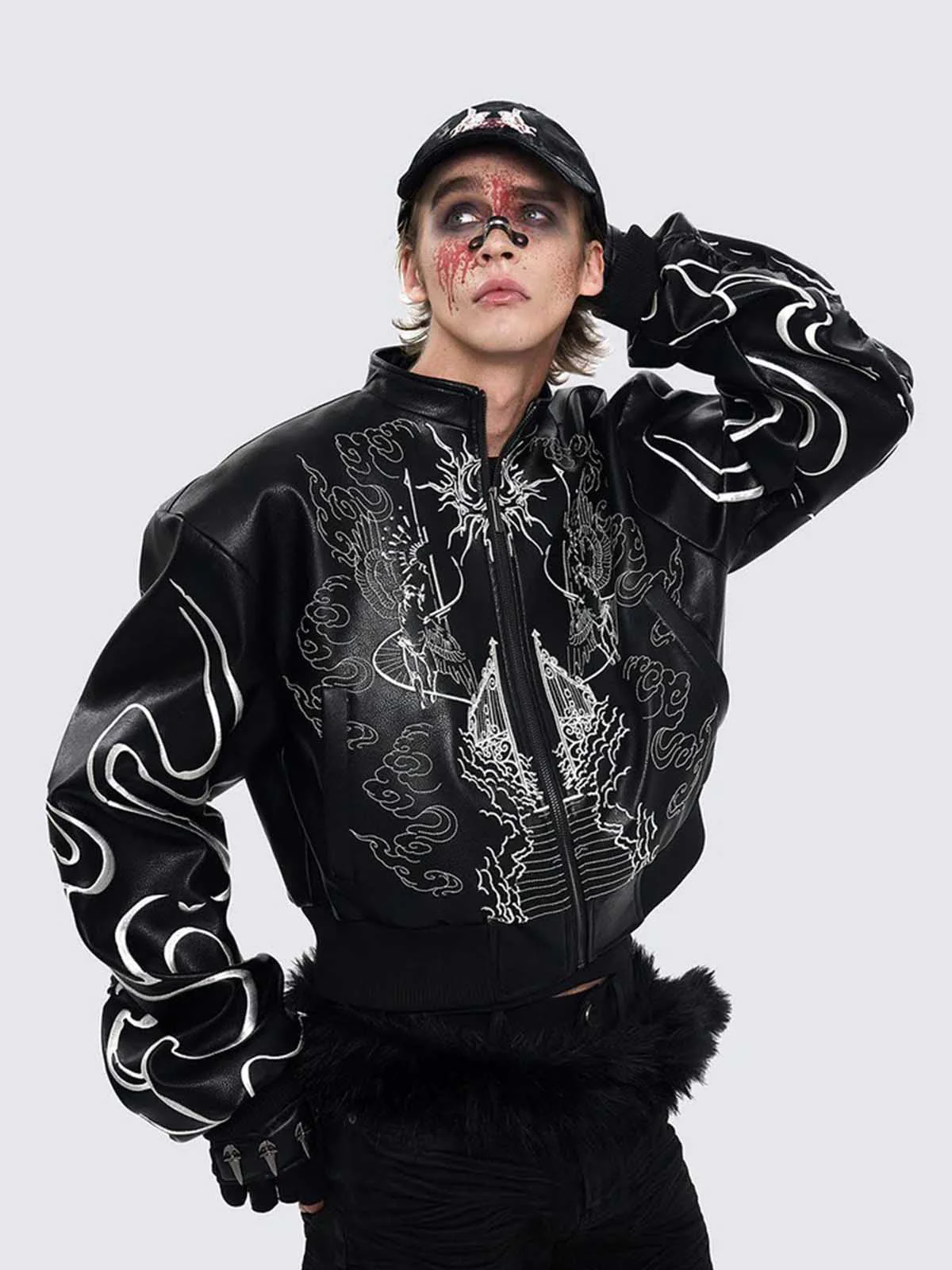 Retro Gothic Embroidered Stand-Collar Motorcycle Leather Bomber Jacket - Image 4