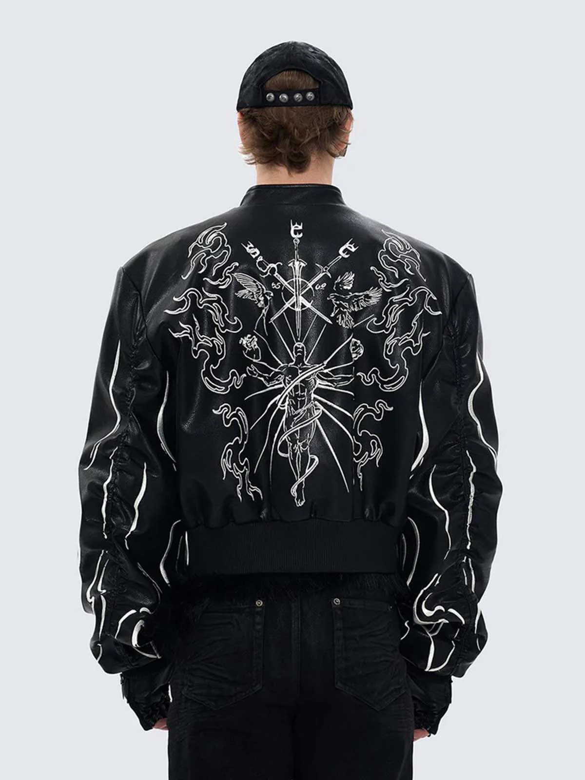 Retro Gothic Embroidered Stand-Collar Motorcycle Leather Bomber Jacket - Image 5