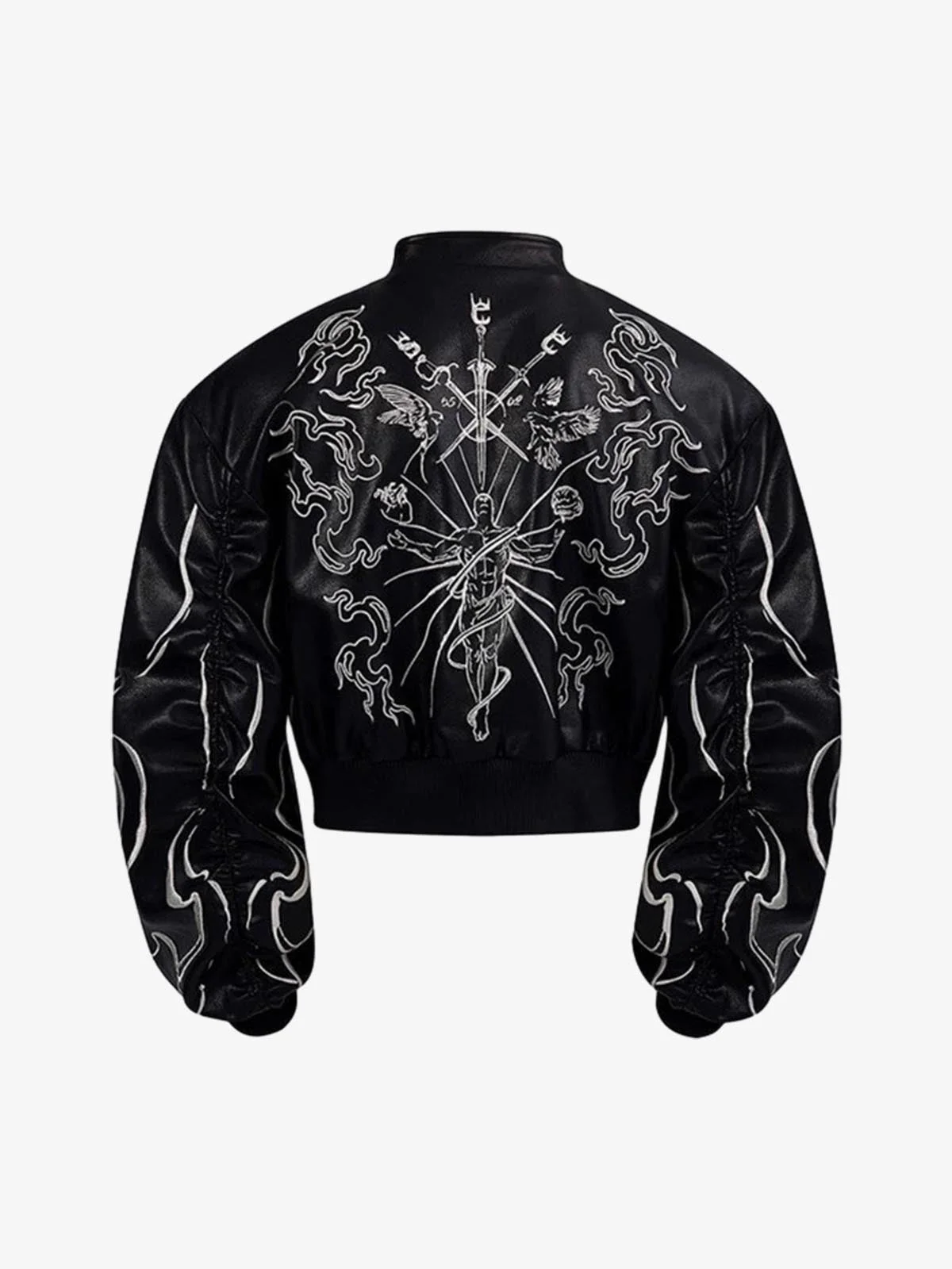 Retro Gothic Embroidered Stand-Collar Motorcycle Leather Bomber Jacket - Image 6