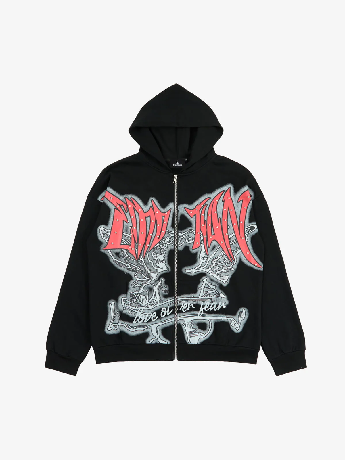 Retro Gothic Print Rhinestone Zip-Up Hoodie - Image 2
