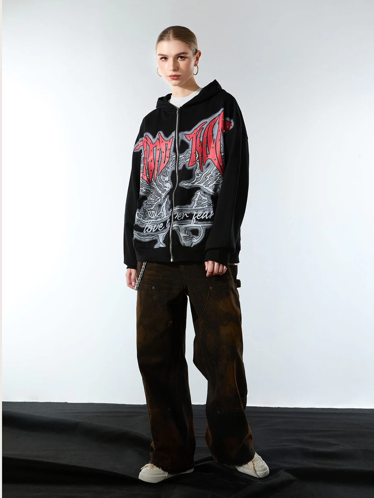 Retro Gothic Print Rhinestone Zip-Up Hoodie - Image 3