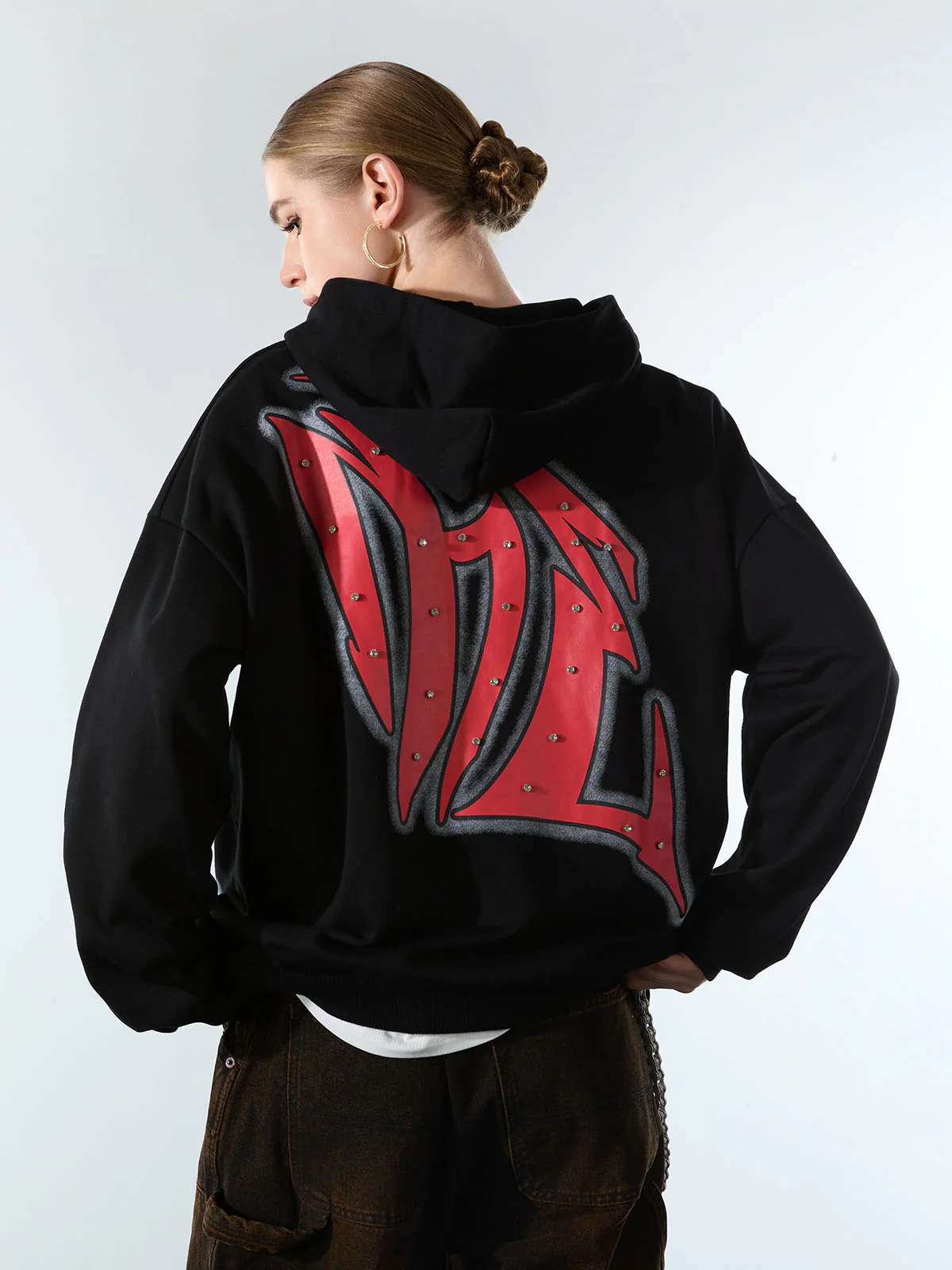 Retro Gothic Print Rhinestone Zip-Up Hoodie - Image 4