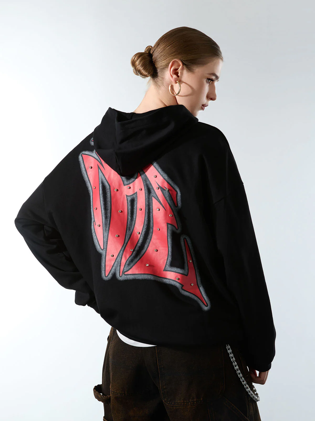 Retro Gothic Print Rhinestone Zip-Up Hoodie - Image 5