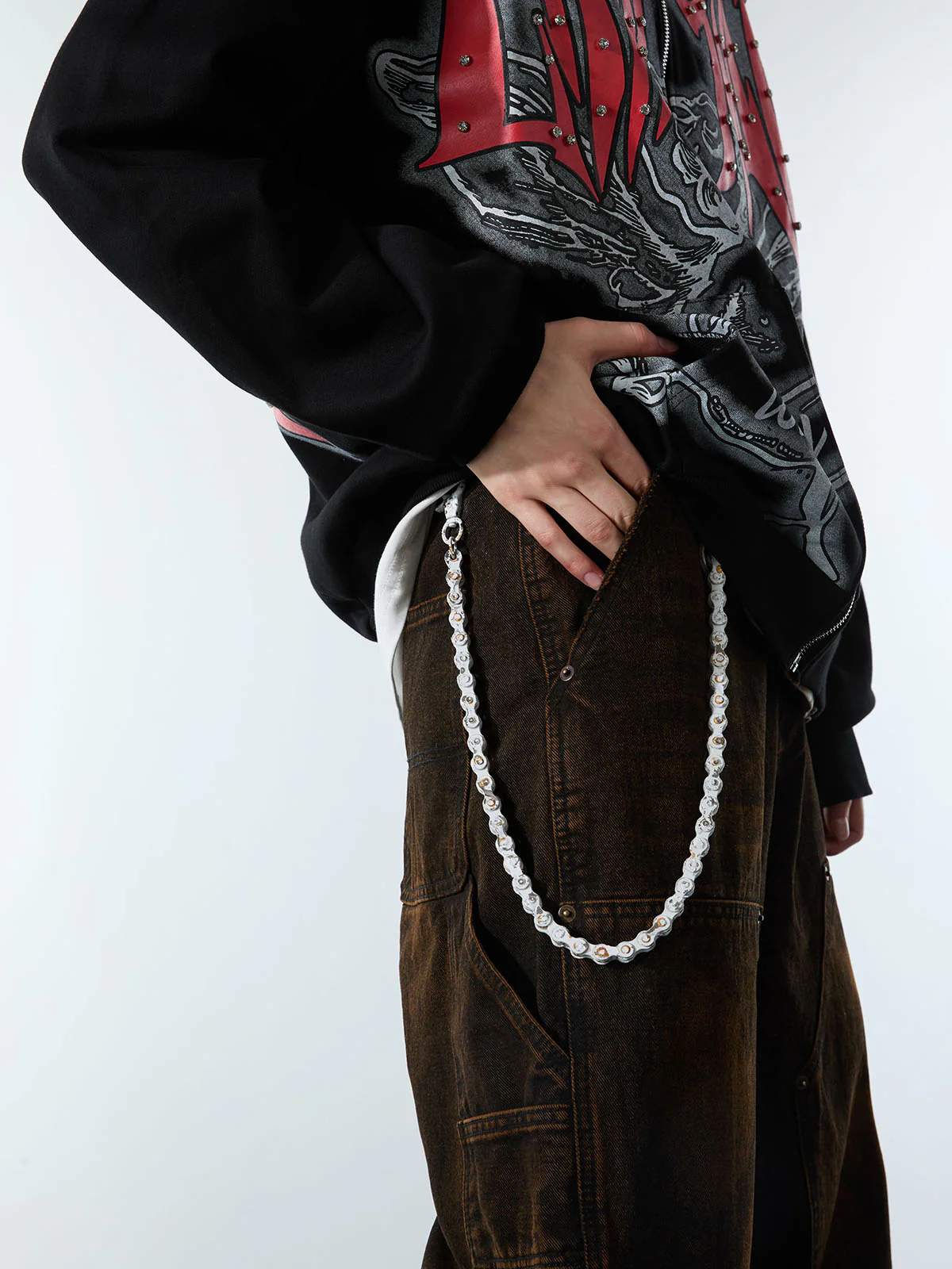 Retro Gothic Print Rhinestone Zip-Up Hoodie - Image 6