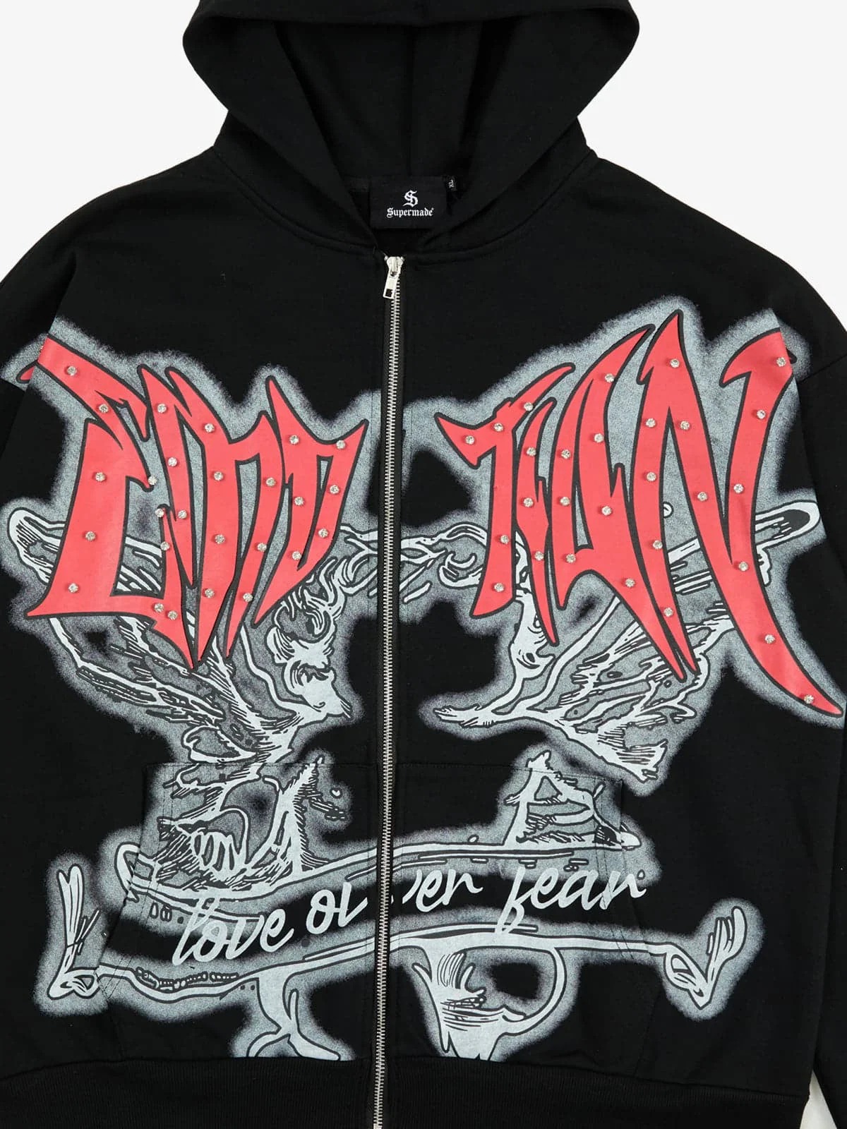 Retro Gothic Print Rhinestone Zip-Up Hoodie - Image 8