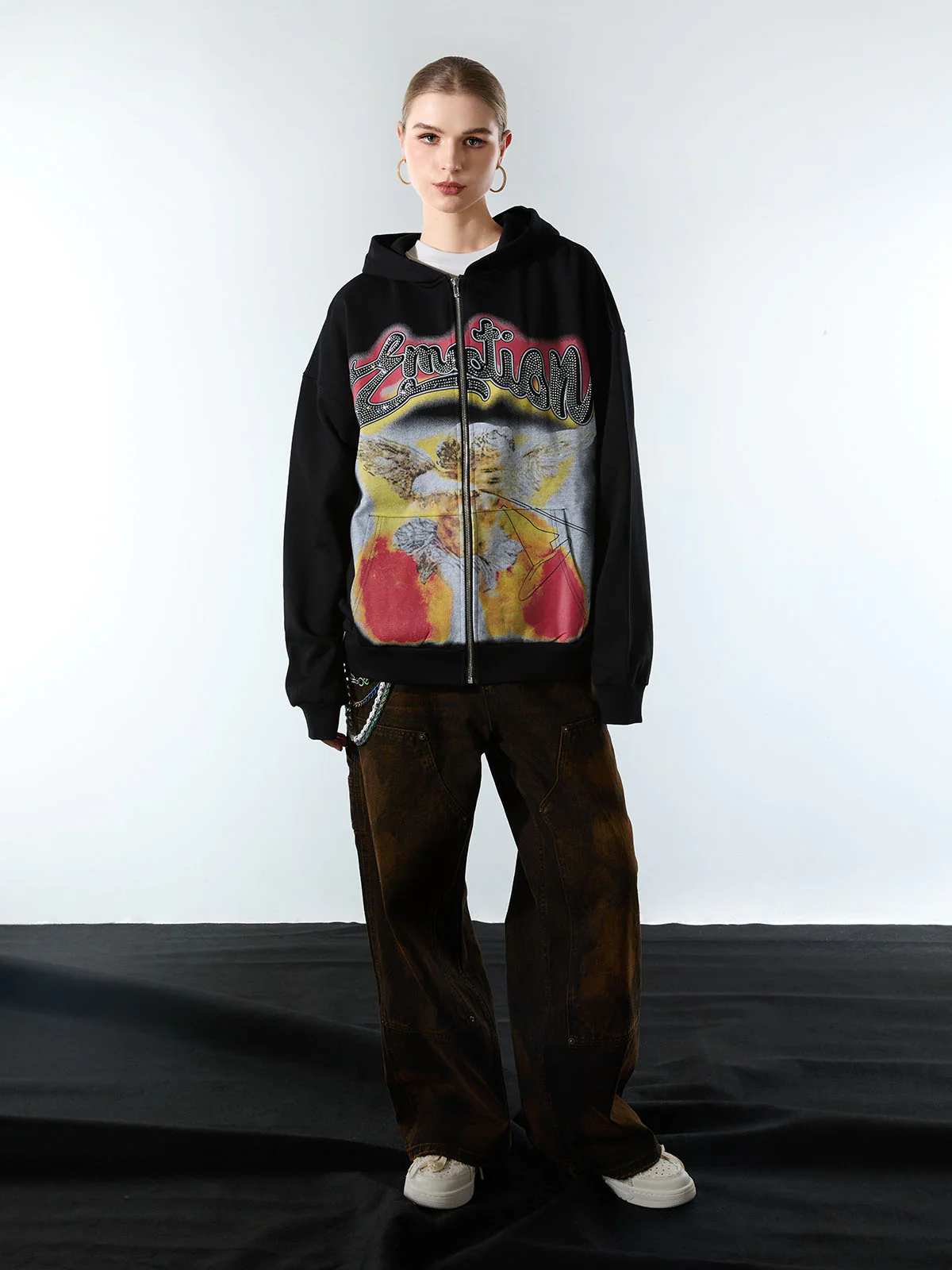 Retro Hip-Hop Cupid Rhinestone Zip Up Hoodie - Image 3