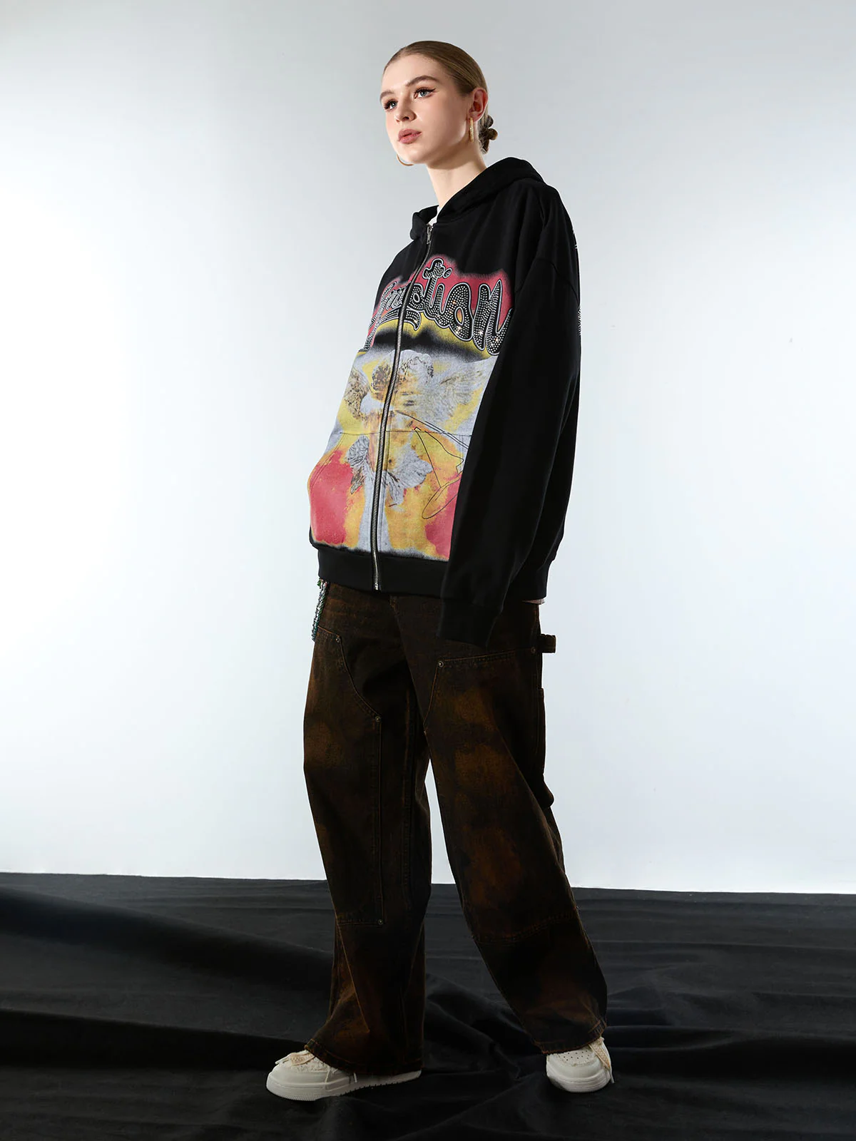 Retro Hip-Hop Cupid Rhinestone Zip Up Hoodie - Image 4