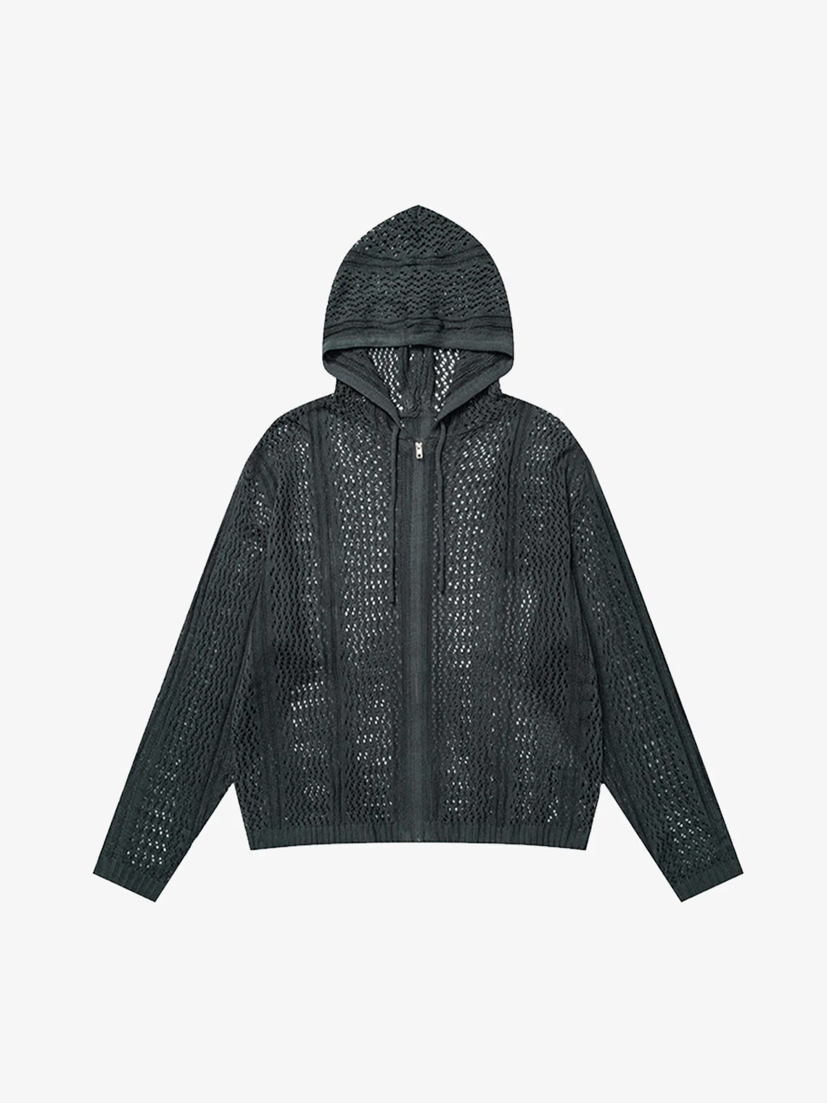 Retro Hollow-Out Knit Zip Up Hoodie - Image 2