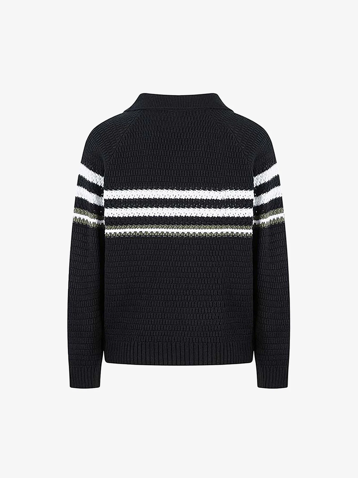 Retro Knitted Lapel V-Neck Contrast Striped Sweater - Image 2