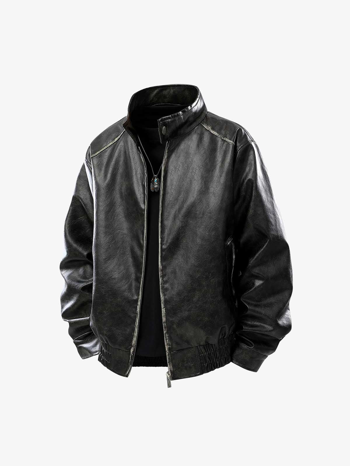 Retro Leather Stand-Collar Elastic Hem Jacket - Image 2