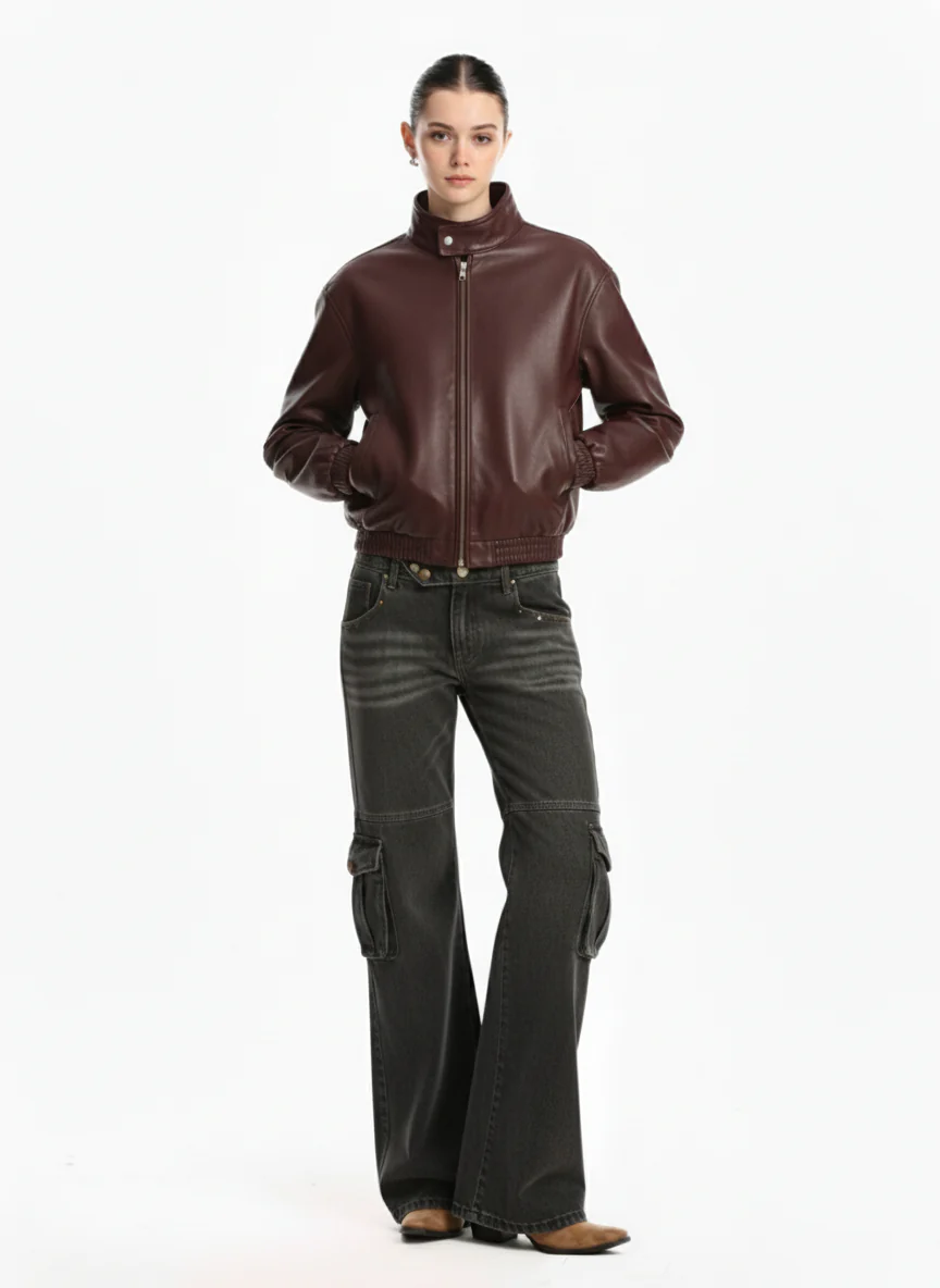 Retro Leather Stand-Collar Elastic Hem Jacket - Image 3