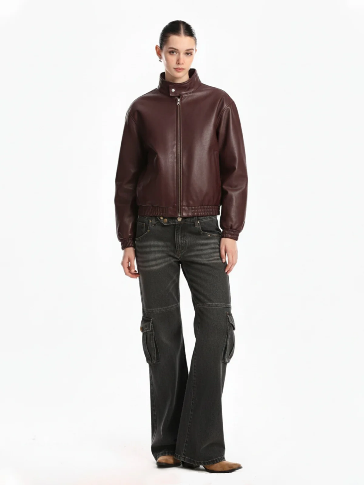 Retro Leather Stand-Collar Elastic Hem Jacket - Image 4