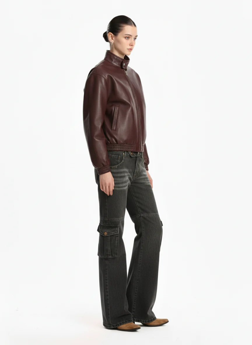Retro Leather Stand-Collar Elastic Hem Jacket - Image 5