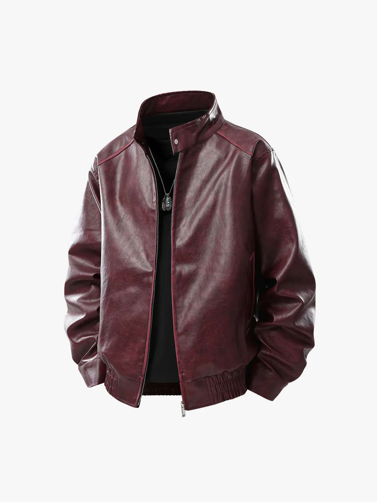Retro Leather Stand-Collar Elastic Hem Jacket - Image 6