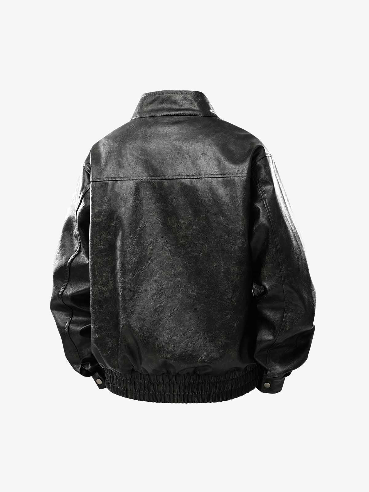 Retro Leather Stand-Collar Elastic Hem Jacket - Image 8
