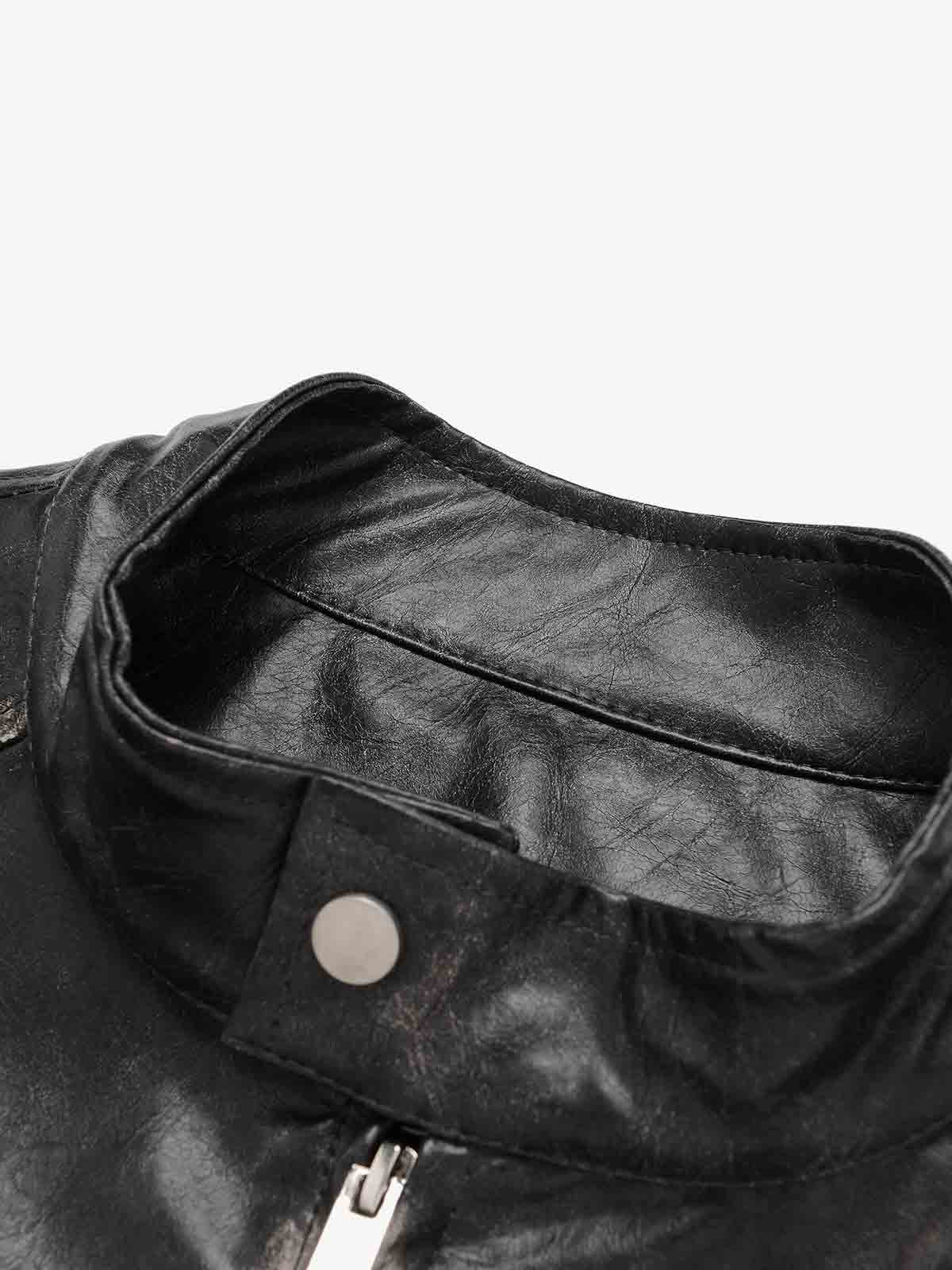 Retro Leather Stand-Collar Elastic Hem Jacket - Image 9