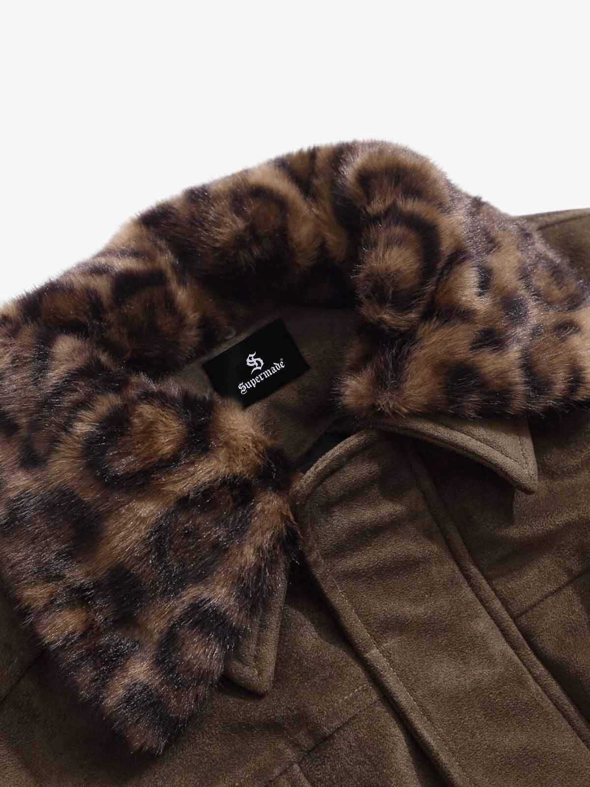Retro Leopard Fur Collar Padded Bomber Jacket - Image 12
