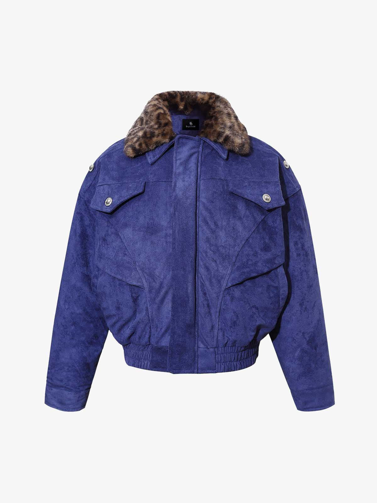 Retro Leopard Fur Collar Padded Bomber Jacket - Image 3