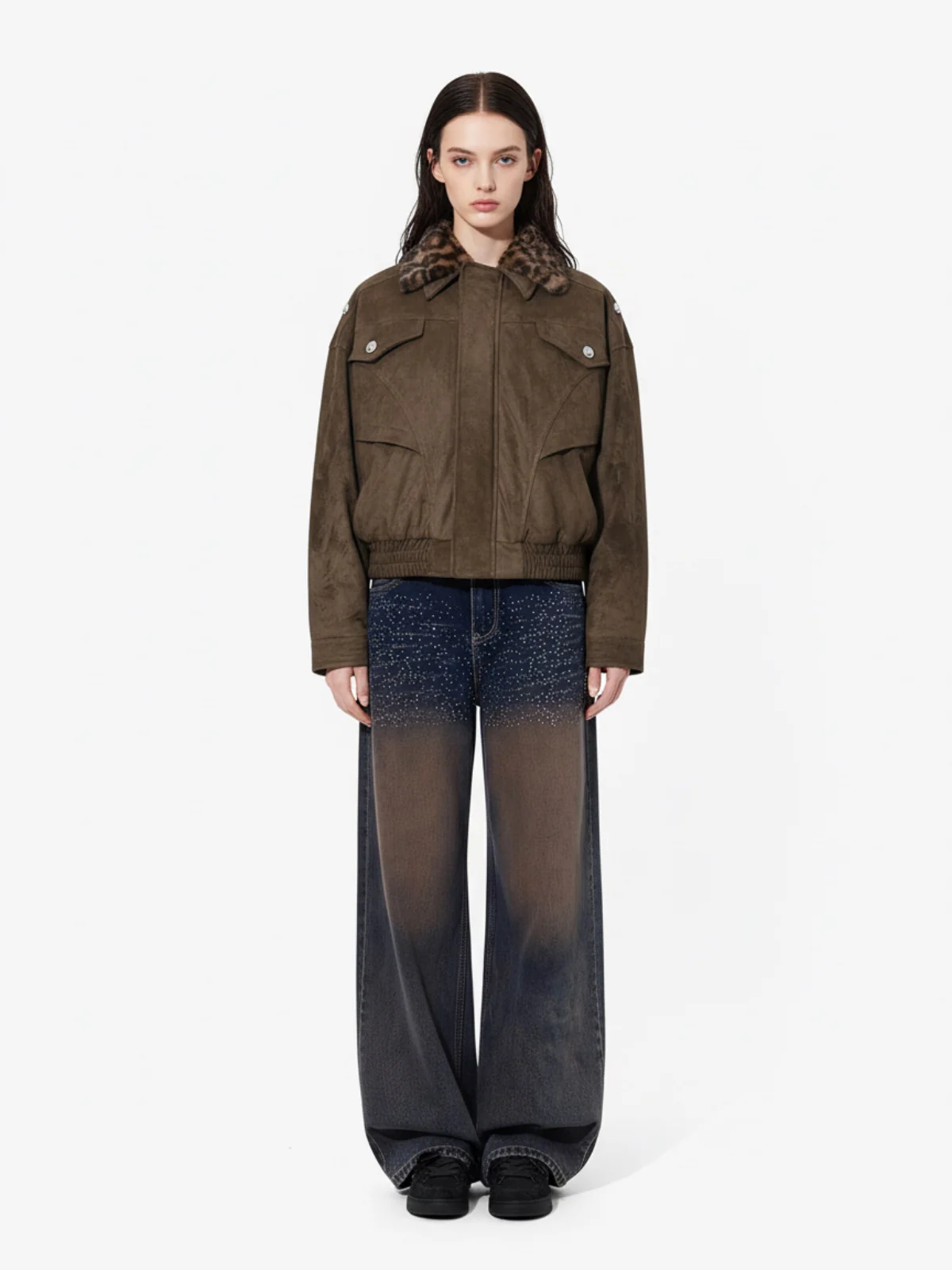 Retro Leopard Fur Collar Padded Bomber Jacket - Image 4