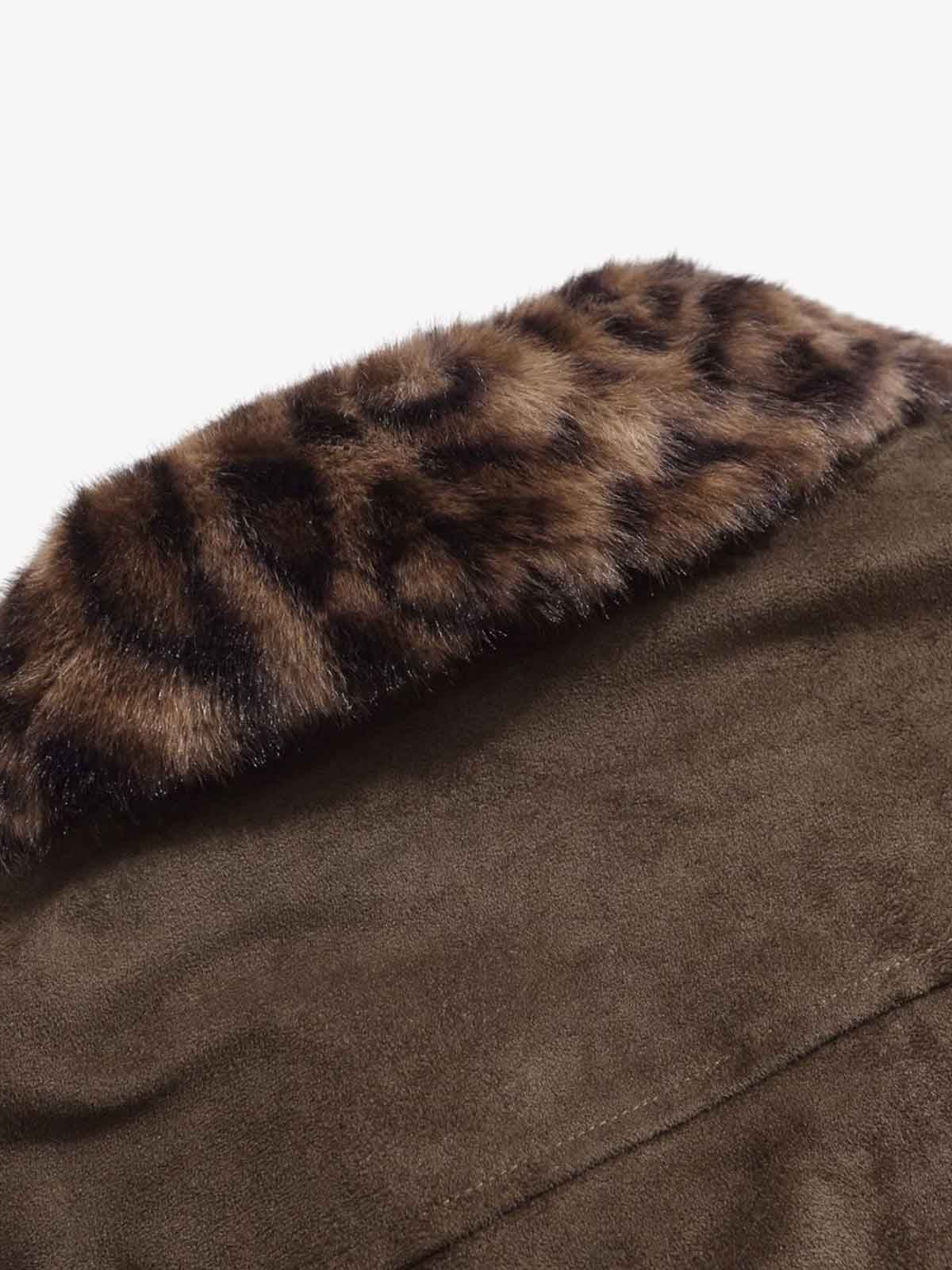 Retro Leopard Fur Collar Padded Bomber Jacket - Image 9