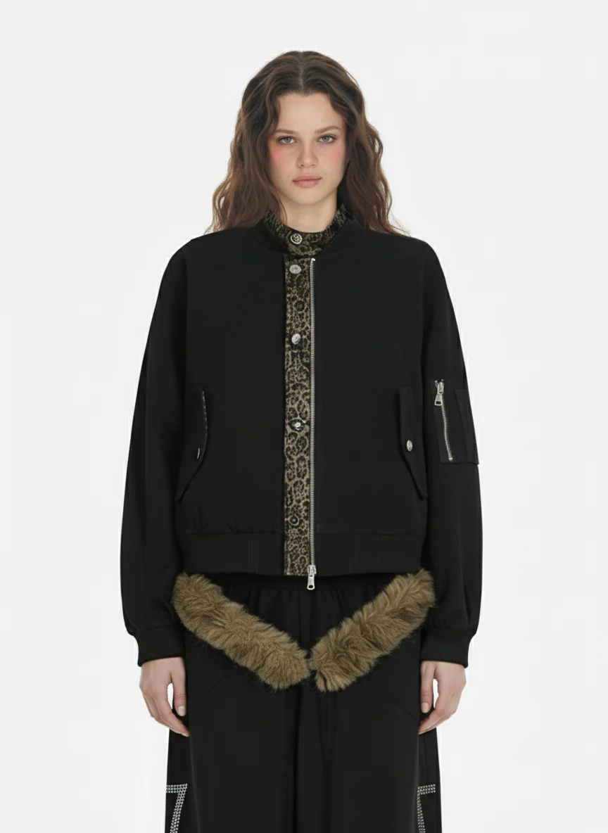 Retro Leopard PU Patchwork Faux Layered Jacket