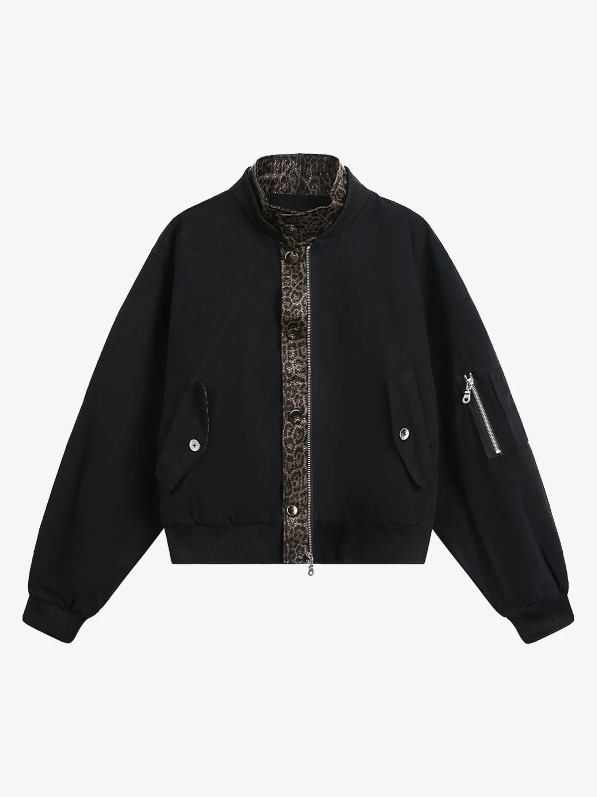 Retro Leopard PU Patchwork Faux Layered Jacket - Image 6
