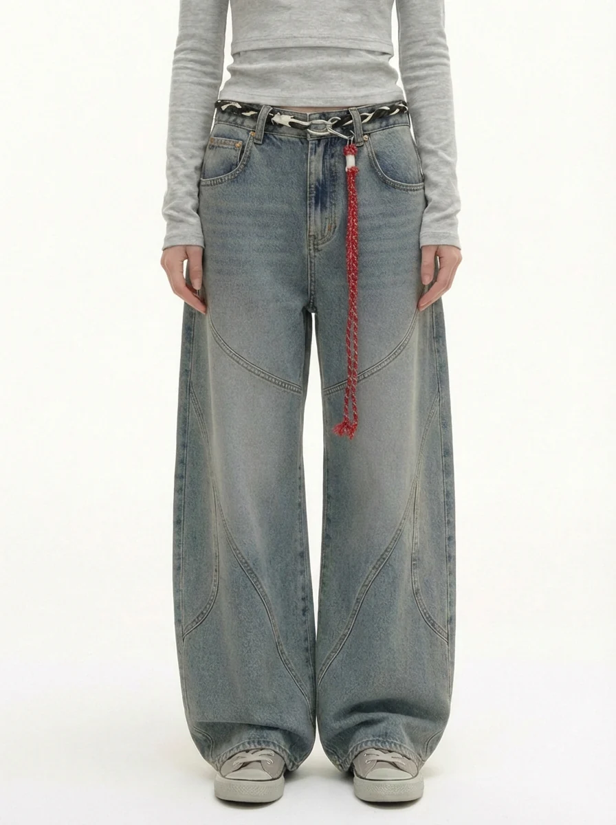 Denim Retro Belt Detail With Patchwork Barrel Jeans - 2490