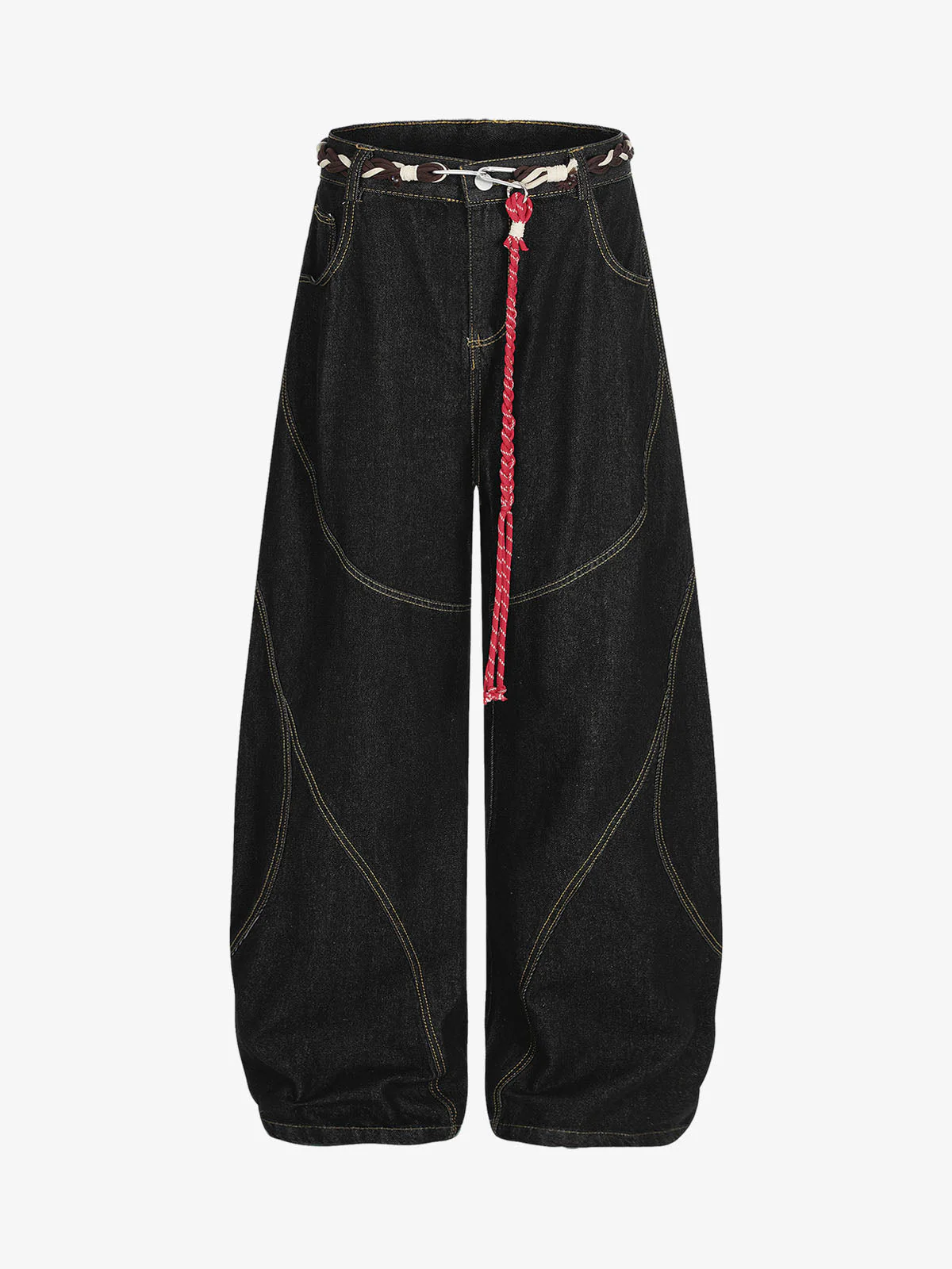 Denim Retro Belt Detail With Patchwork Barrel Jeans - 2490 - Image 2