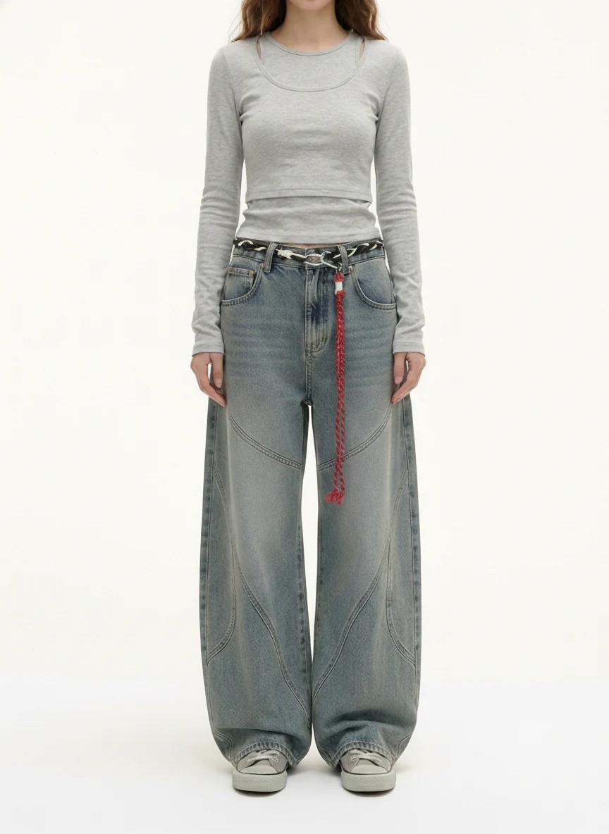 Denim Retro Belt Detail With Patchwork Barrel Jeans - 2490 - Image 3