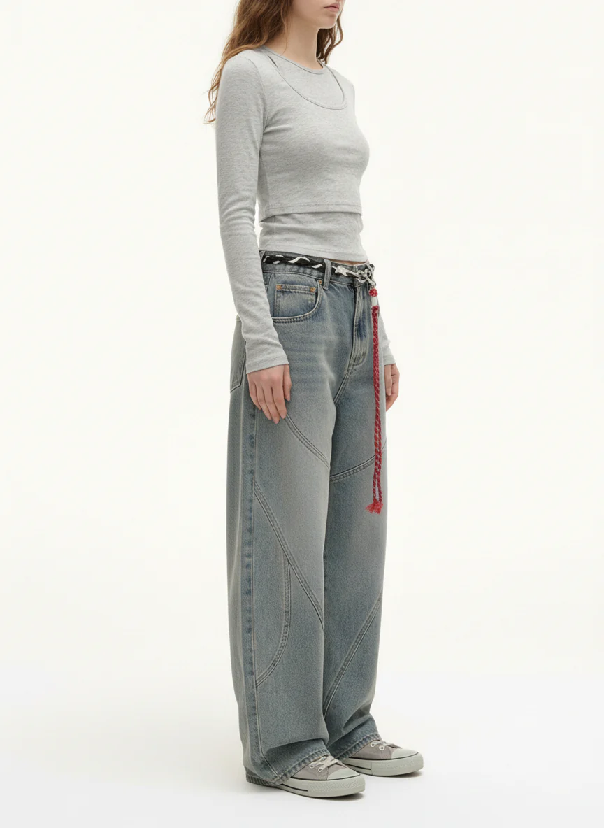 Denim Retro Belt Detail With Patchwork Barrel Jeans - 2490 - Image 4
