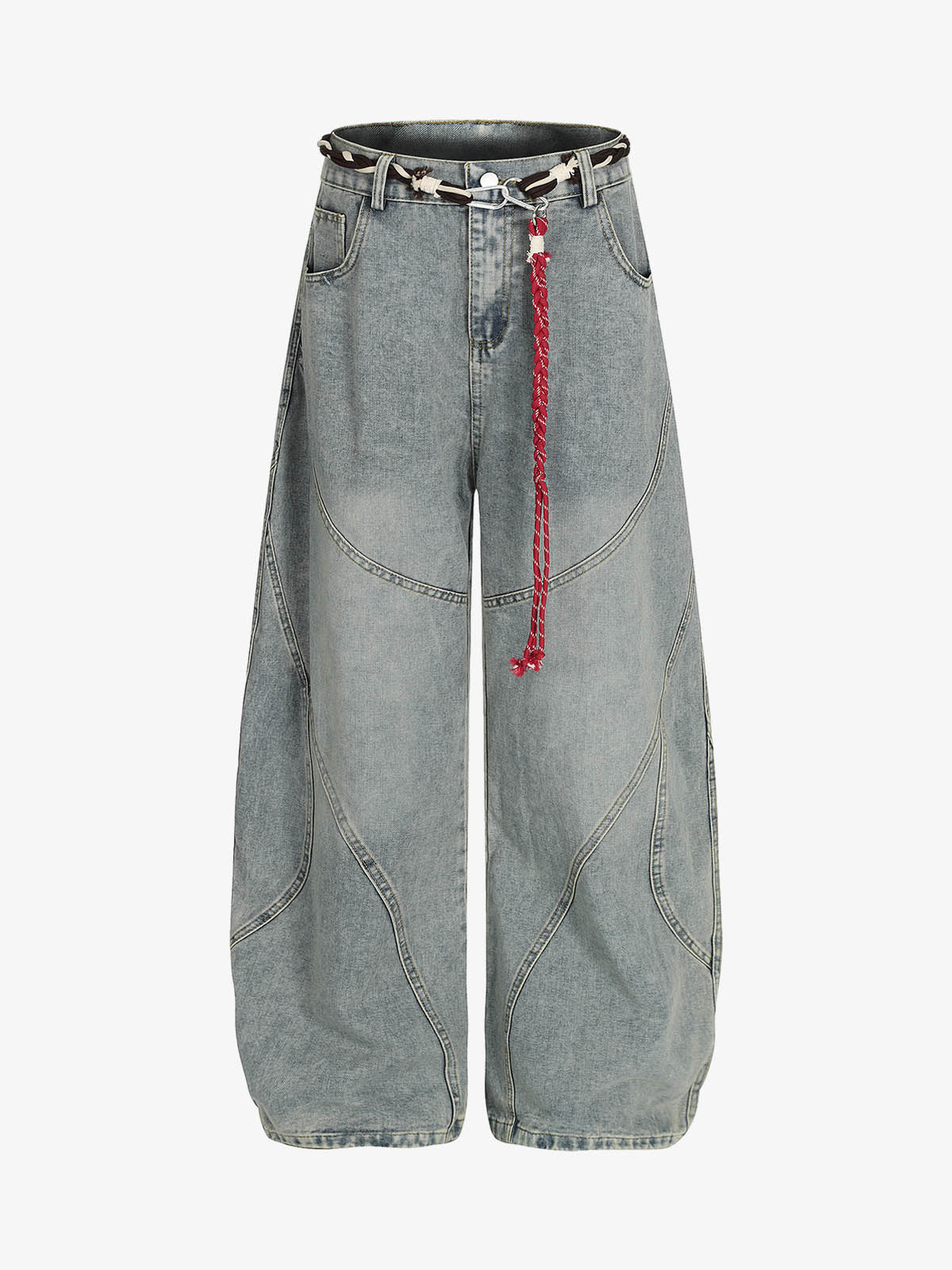 Denim Retro Belt Detail With Patchwork Barrel Jeans - 2490 - Image 5