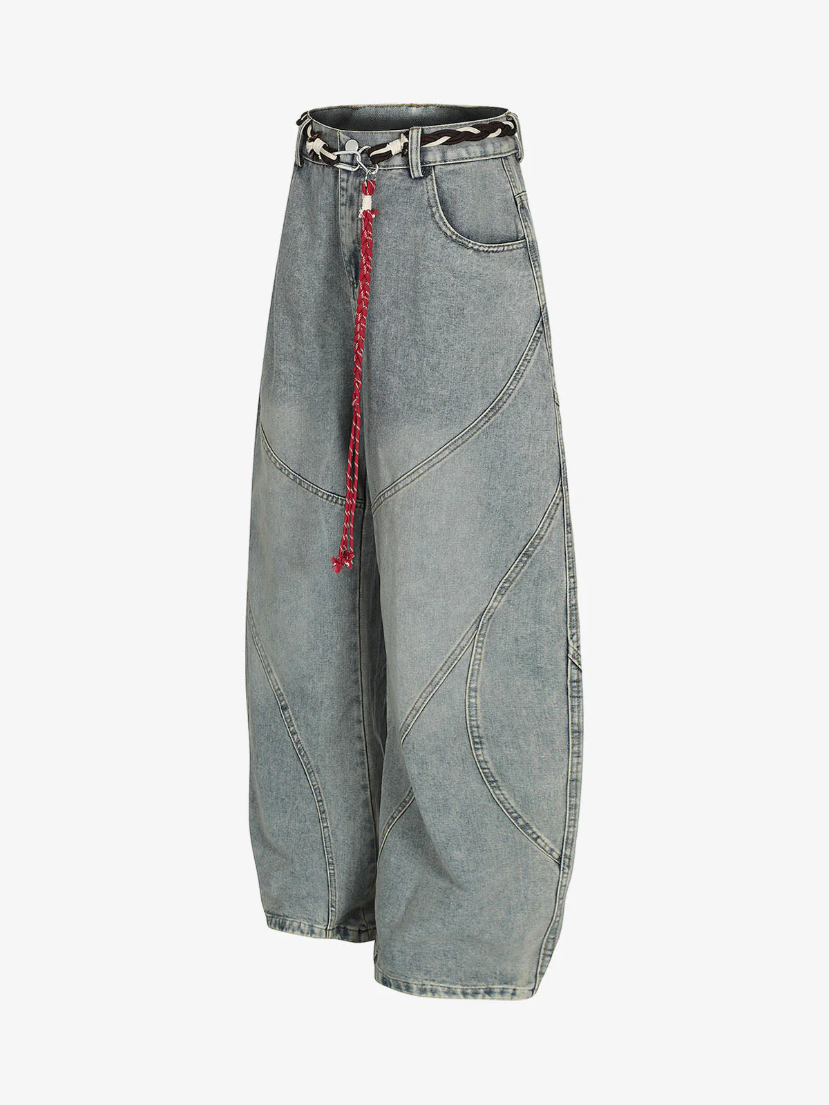 Denim Retro Belt Detail With Patchwork Barrel Jeans - 2490 - Image 8