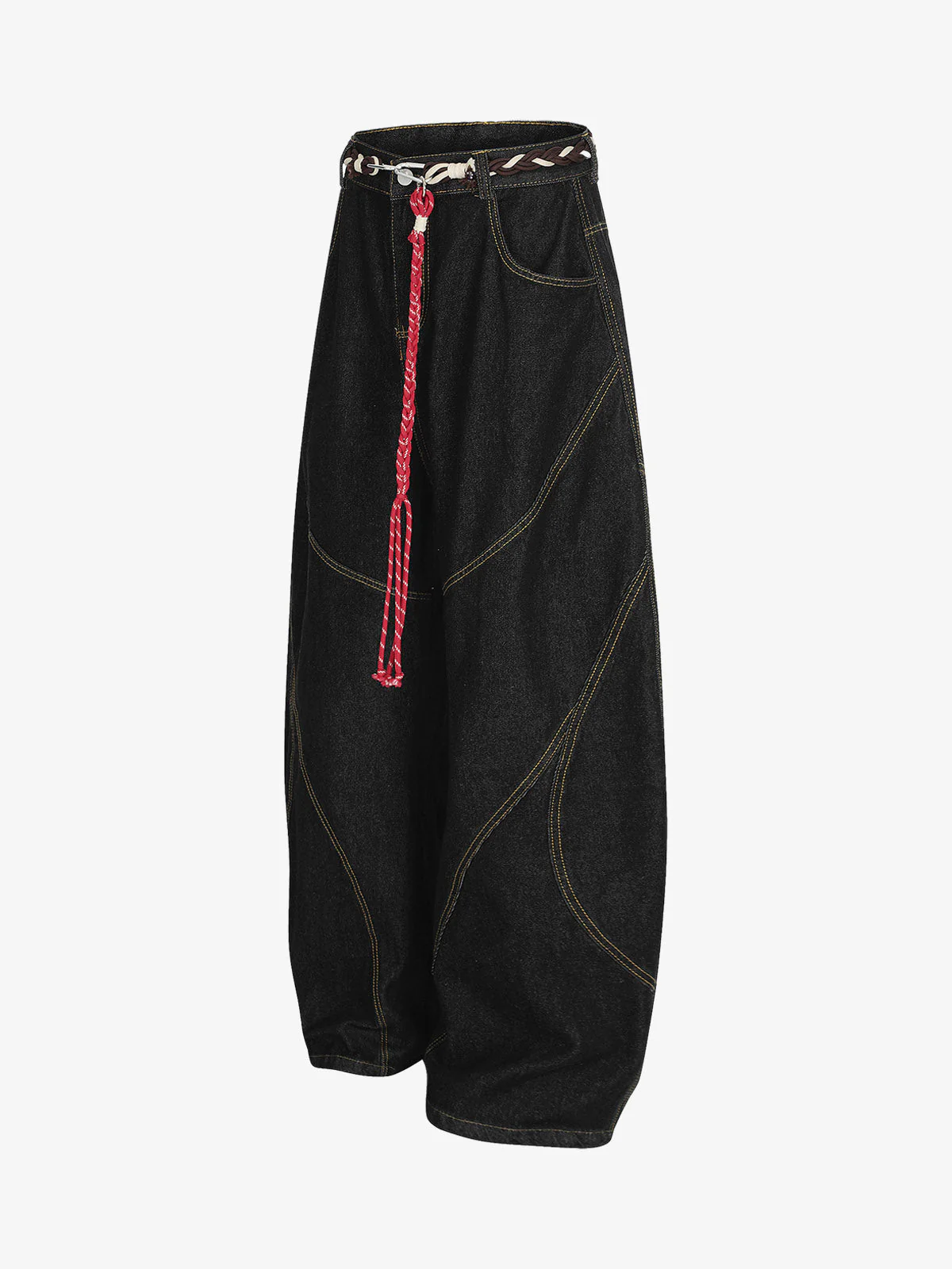 Denim Retro Belt Detail With Patchwork Barrel Jeans - 2490 - Image 9