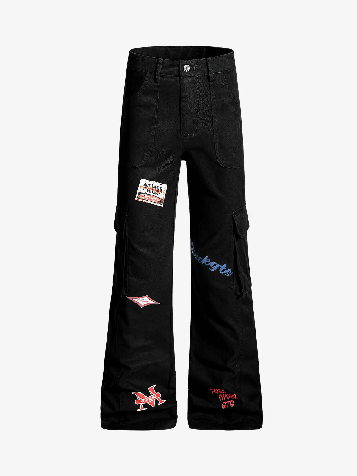Retro Patchwork Graphic Multi-Pocket Flared Cargo Pants - Image 2