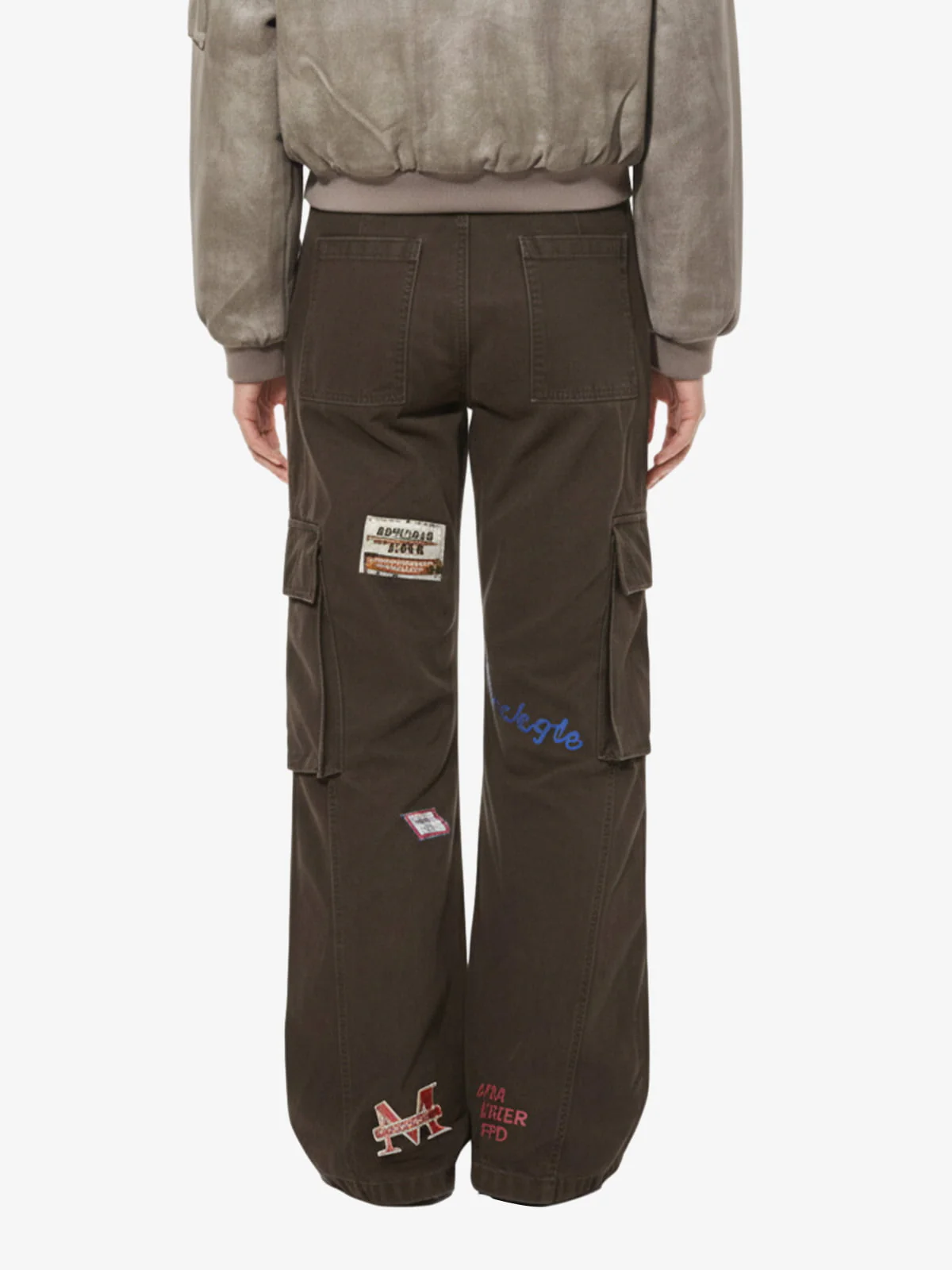 Retro Patchwork Graphic Multi-Pocket Flared Cargo Pants - Image 3
