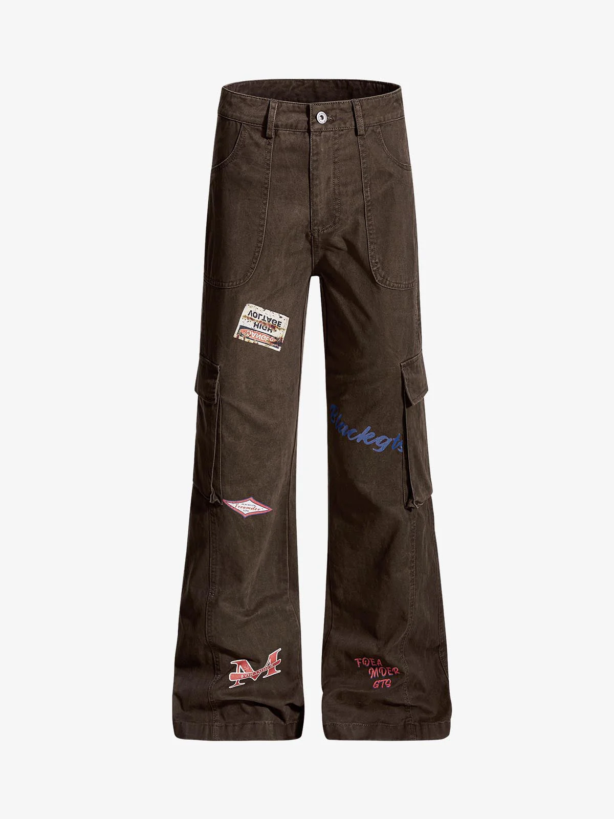 Retro Patchwork Graphic Multi-Pocket Flared Cargo Pants - Image 4