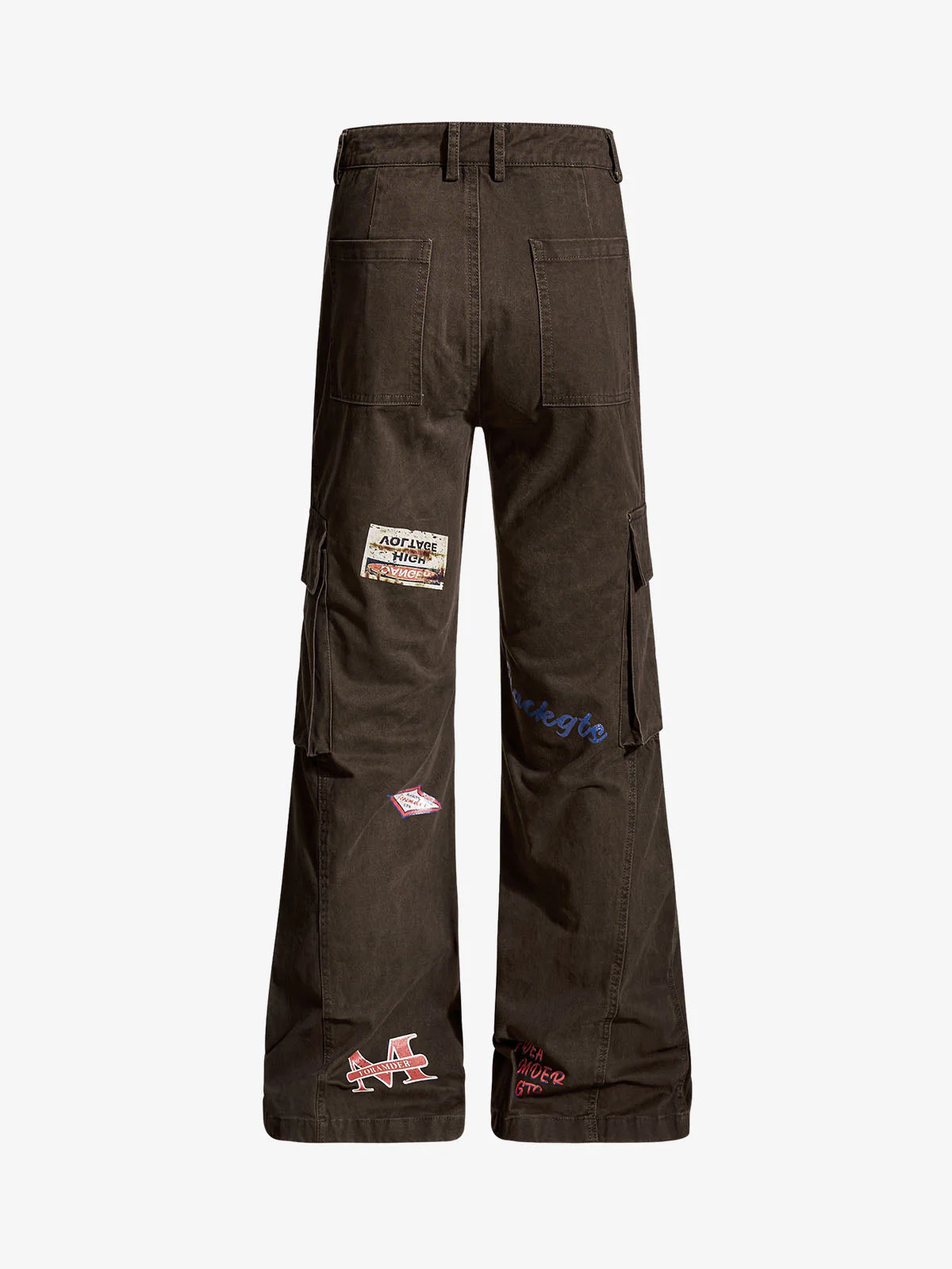 Retro Patchwork Graphic Multi-Pocket Flared Cargo Pants - Image 5