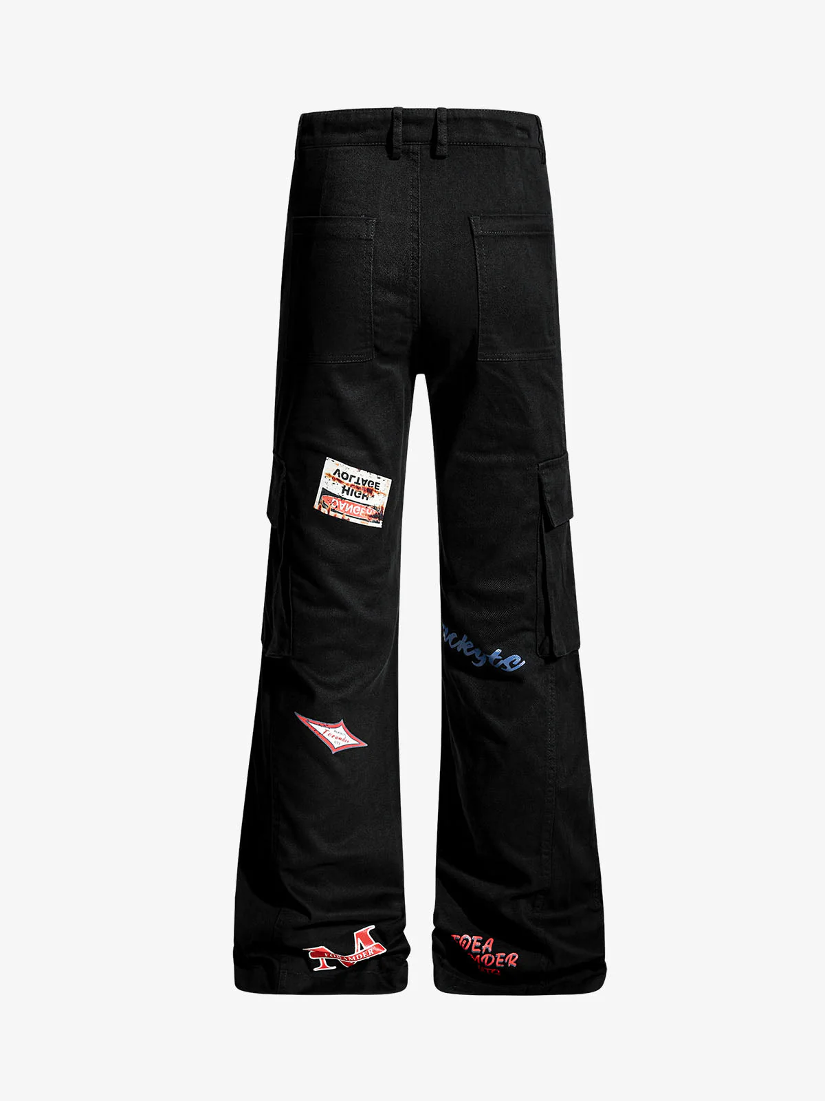 Retro Patchwork Graphic Multi-Pocket Flared Cargo Pants - Image 6