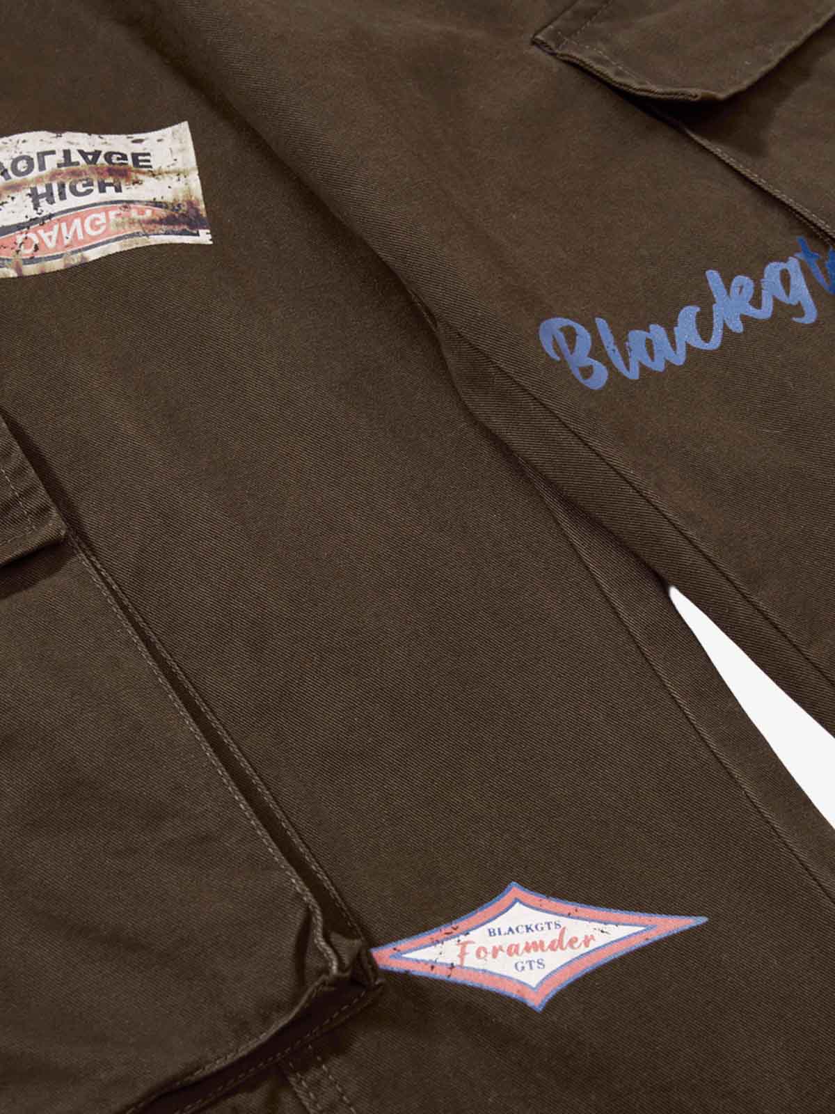 Retro Patchwork Graphic Multi-Pocket Flared Cargo Pants - Image 9