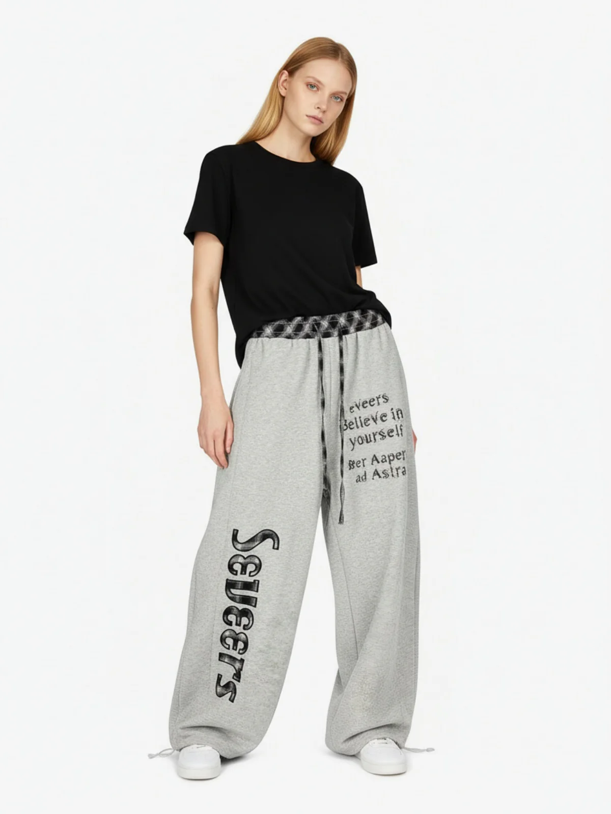 Retro Patchwork Plaid Loose Draped Wide-Leg Pants - Image 4
