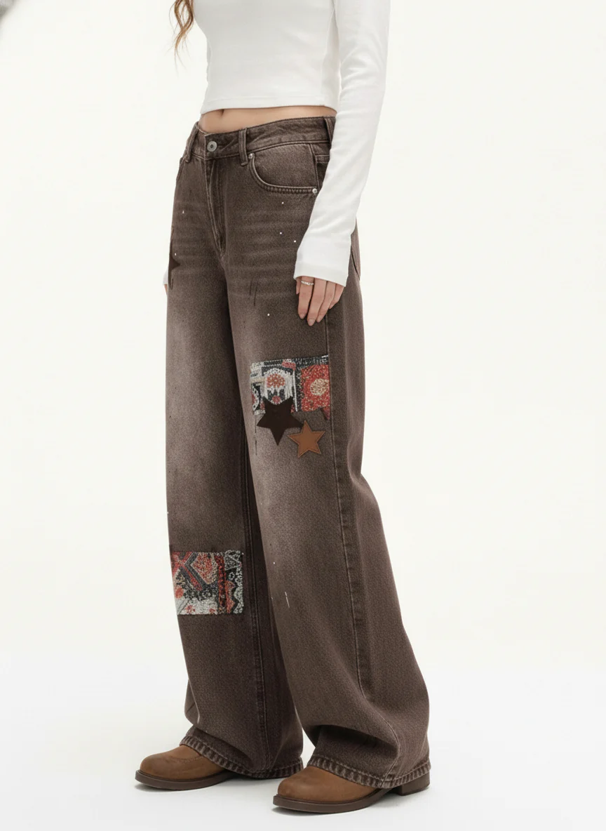 Retro Patchwork Washed Wide Leg Denim Jeans - Image 3