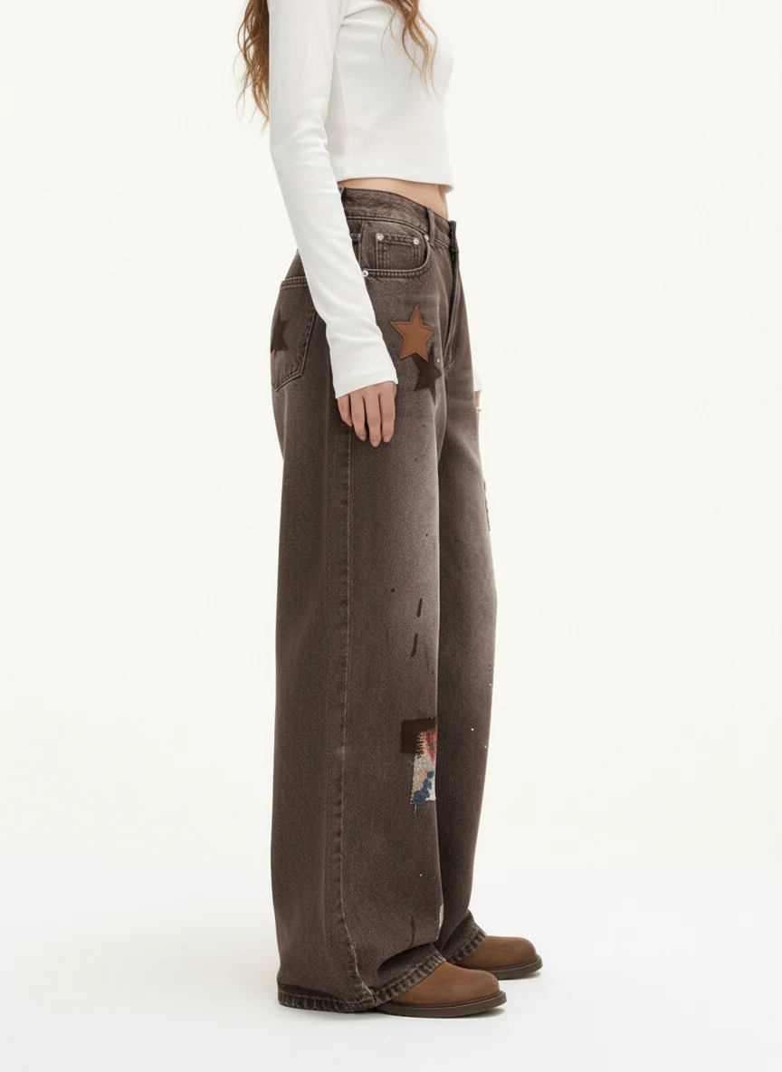Retro Patchwork Washed Wide Leg Denim Jeans - Image 4