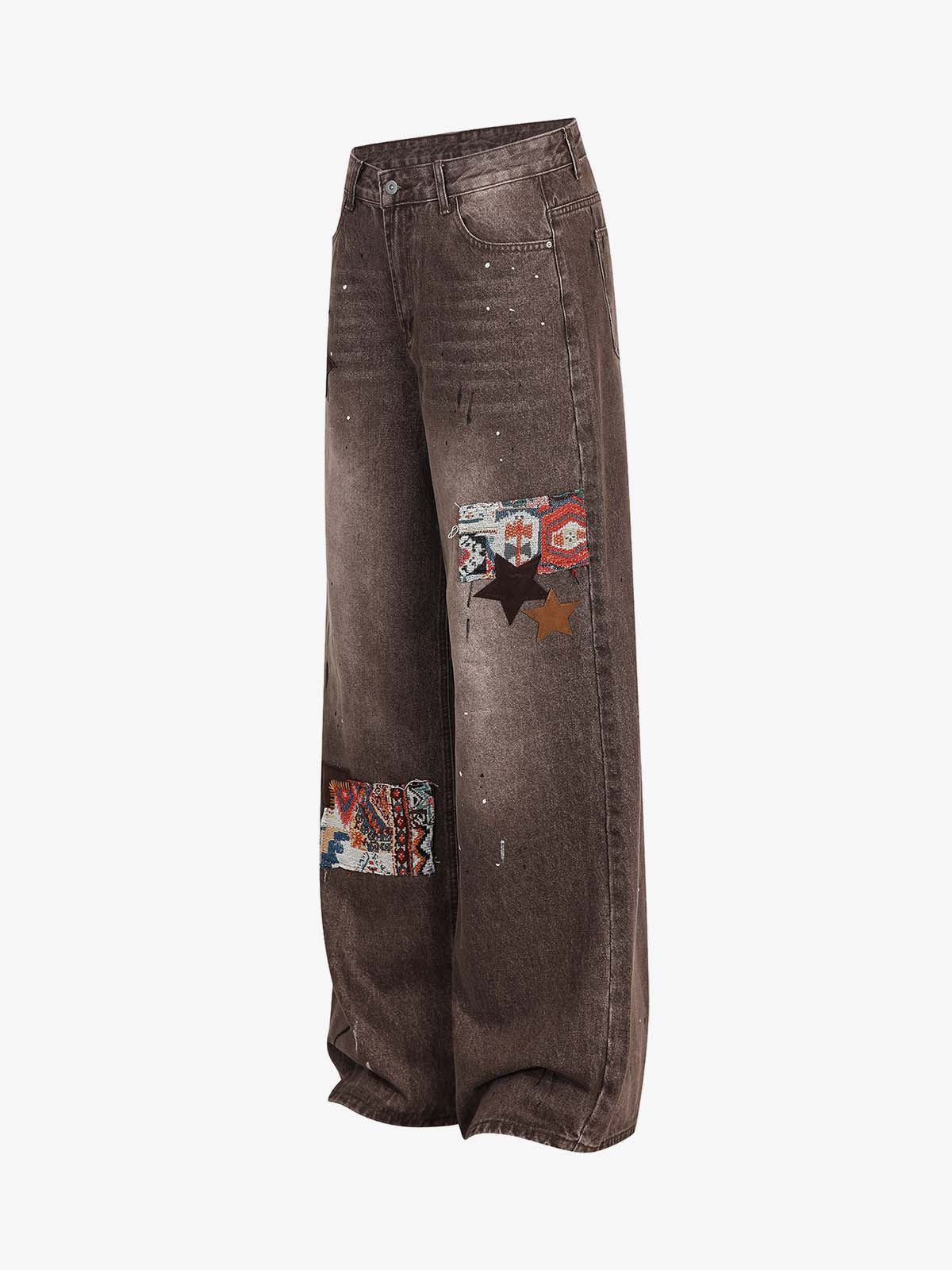 Retro Patchwork Washed Wide Leg Denim Jeans - Image 5