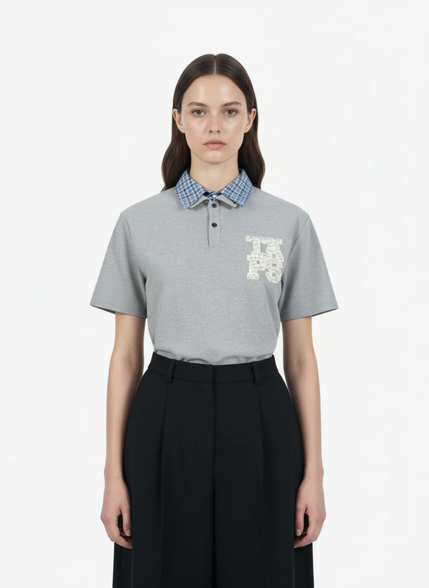 Retro Pearl Letter Plaid Collar Polo Shirt