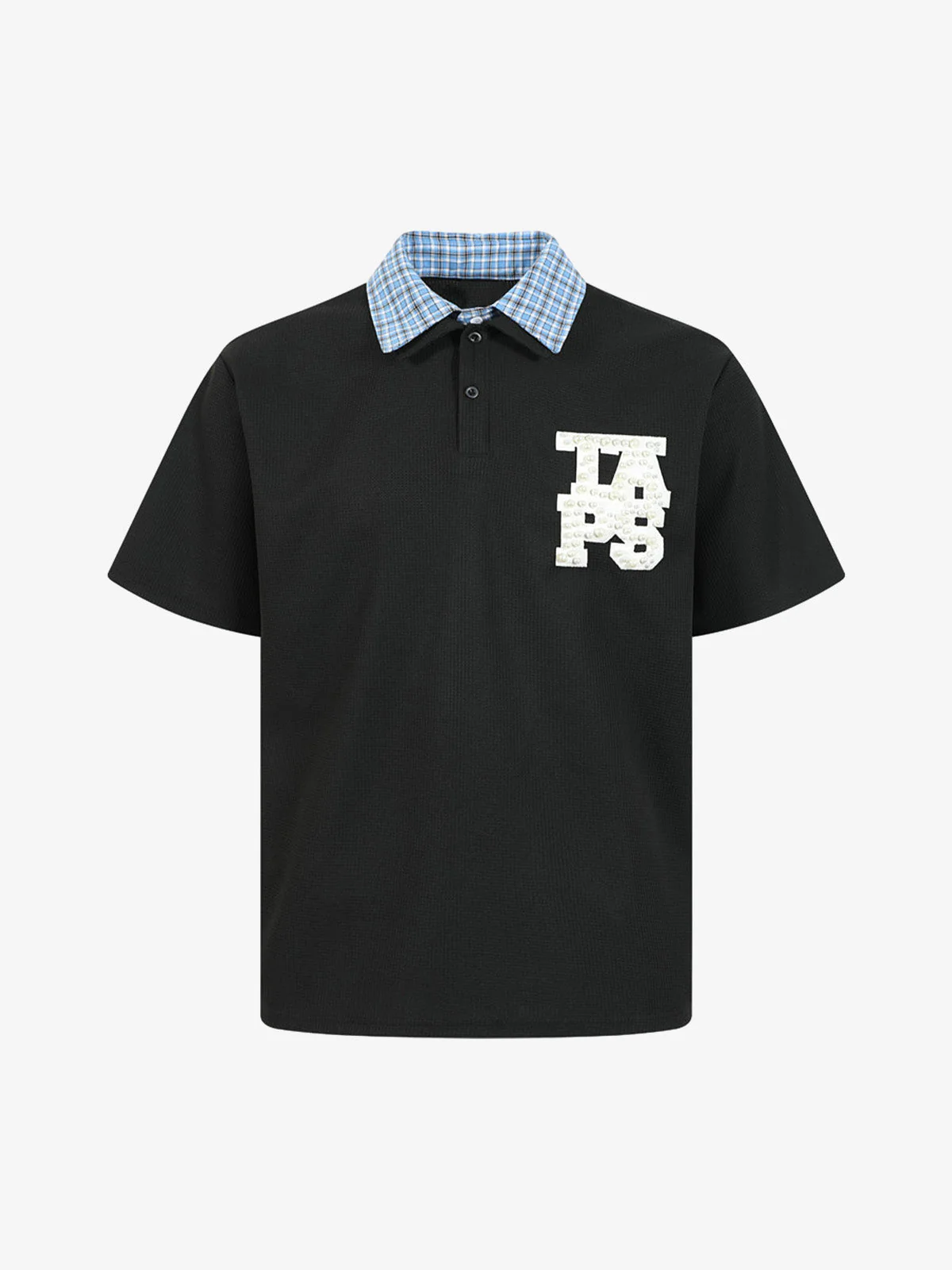 Retro Pearl Letter Plaid Collar Polo Shirt - Image 2