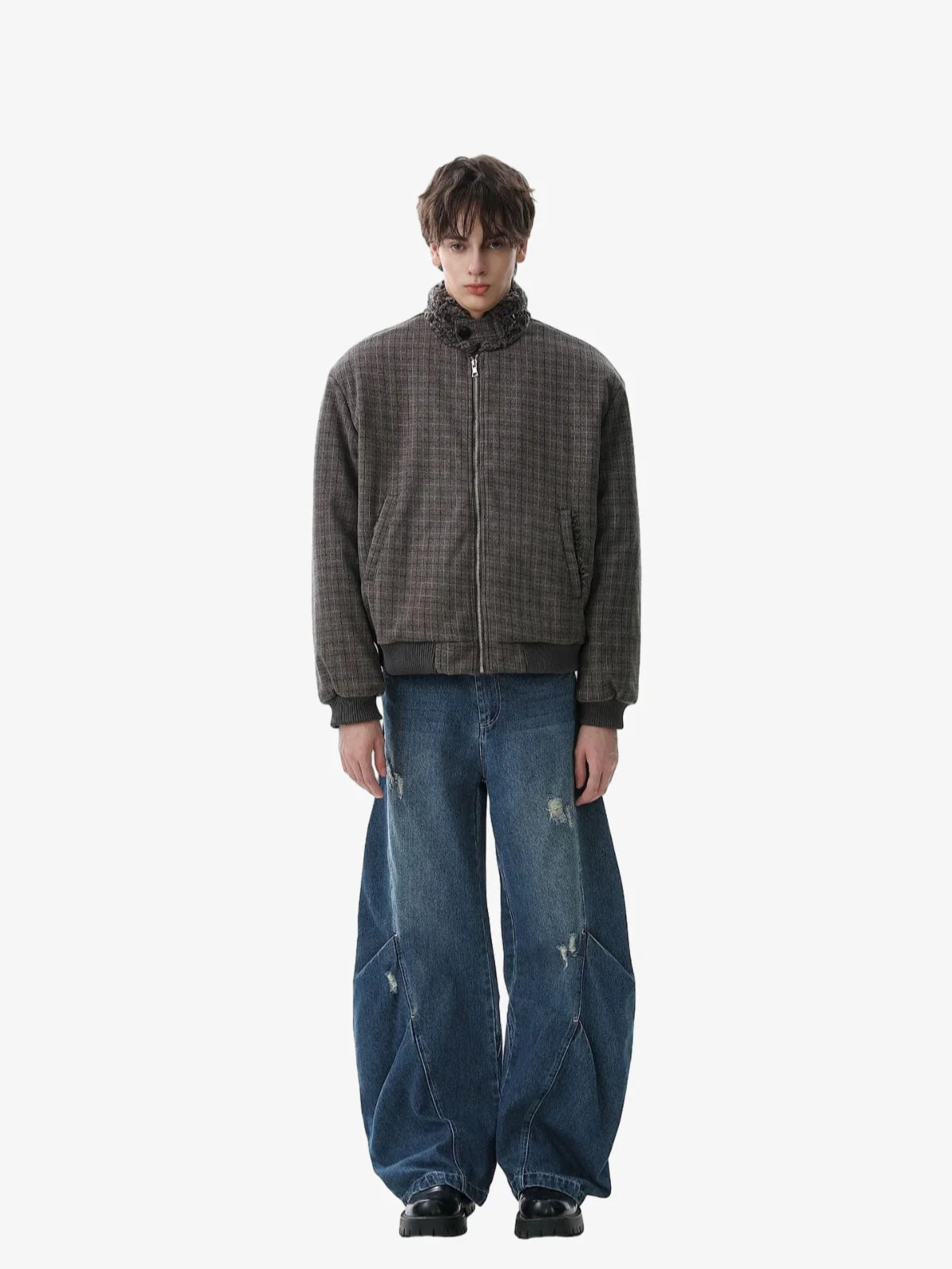 Retro Plaid Fur Collar Warm Padded Jacket - Image 8