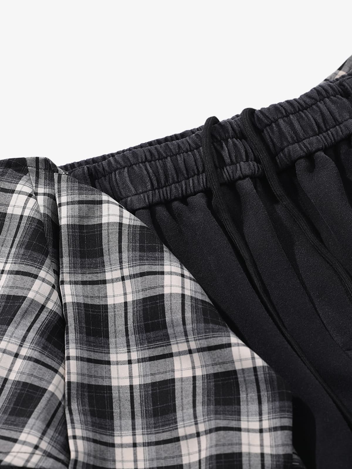 Retro Plaid Patchwork Tie-Belt Wide-Leg Barrel Pants - Image 13