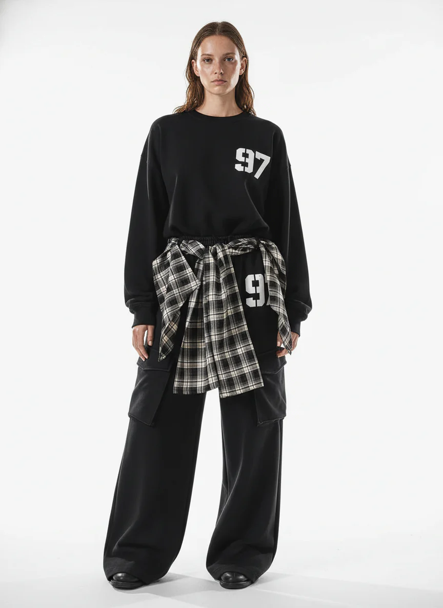 Retro Plaid Patchwork Tie-Belt Wide-Leg Barrel Pants - Image 3
